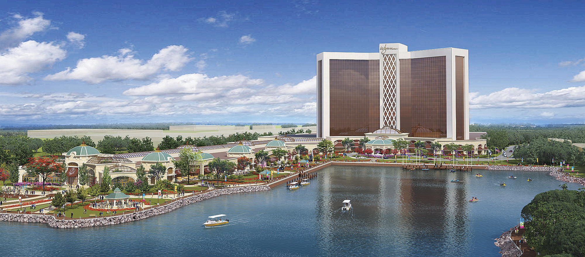This file artist's rendering released March 27, 2013 by Wynn Resorts shows a proposed resort casino on the banks of the Mystic River in Everett, Mass. (AP)