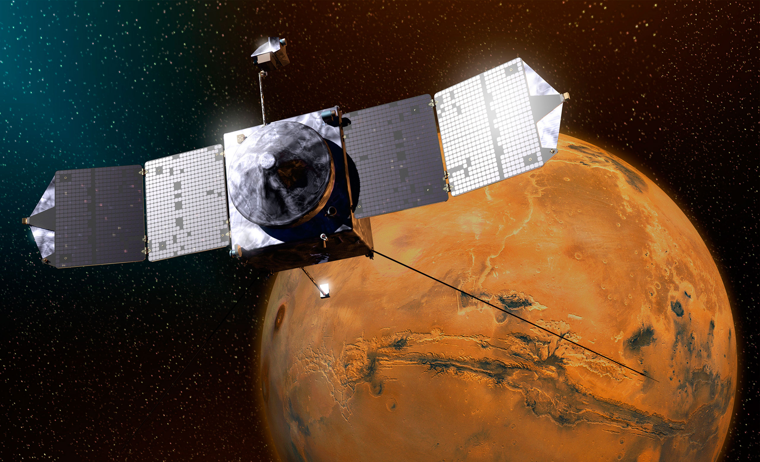 An artist concept of NASA's Mars Atmosphere and Volatile EvolutioN (MAVEN) mission. Launched in November 2013, the mission will explore the Red Planet’s upper atmosphere, ionosphere and interactions with the sun and solar wind.