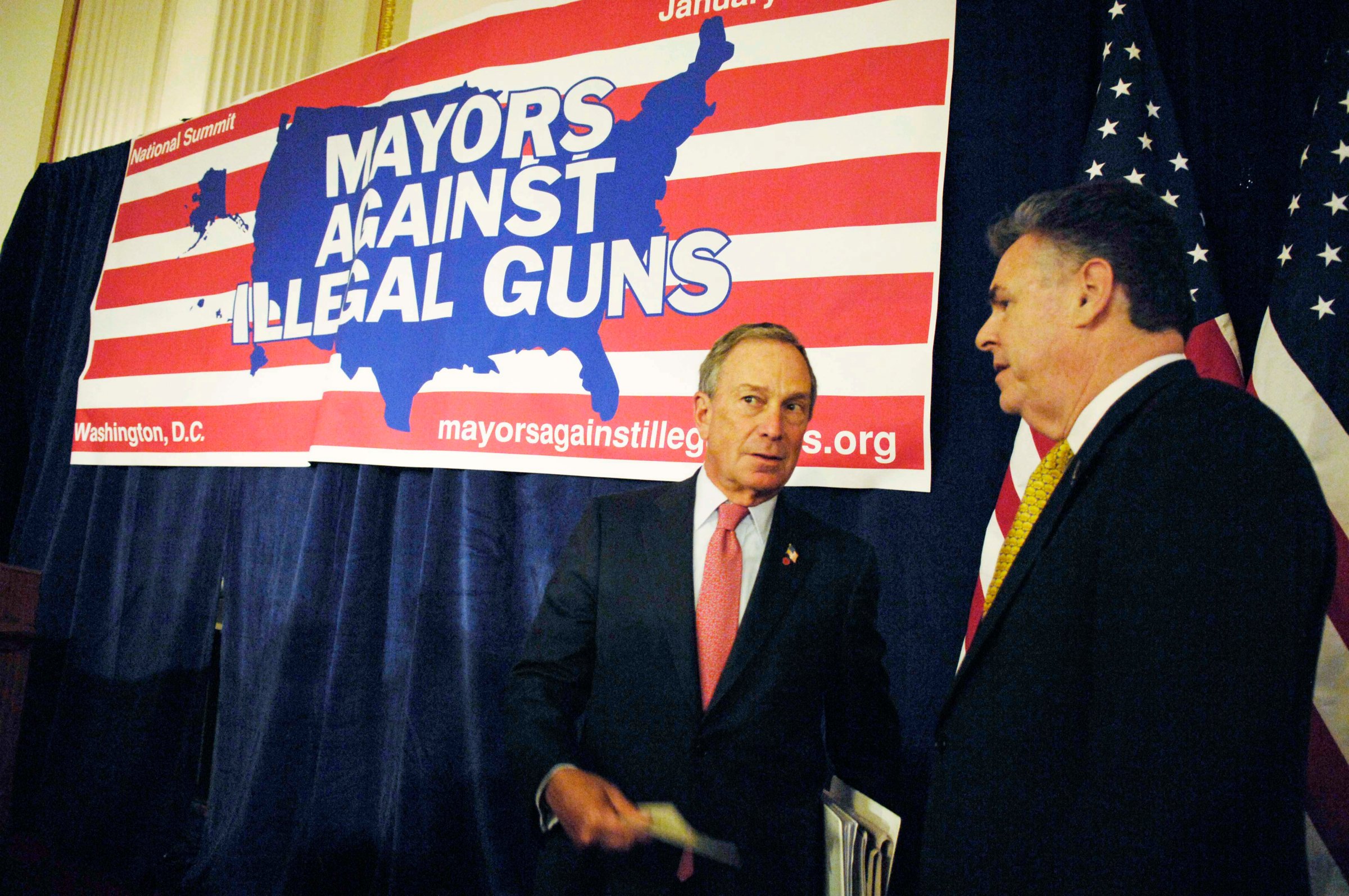 New York Mayor Michael Bloomberg with Rep. Peter T. King, R-N.Y. at a photo op in the Cannon House Office Building with mayors from around the country participating in the 2007 National Summit of Mayors Against Illegal Guns.