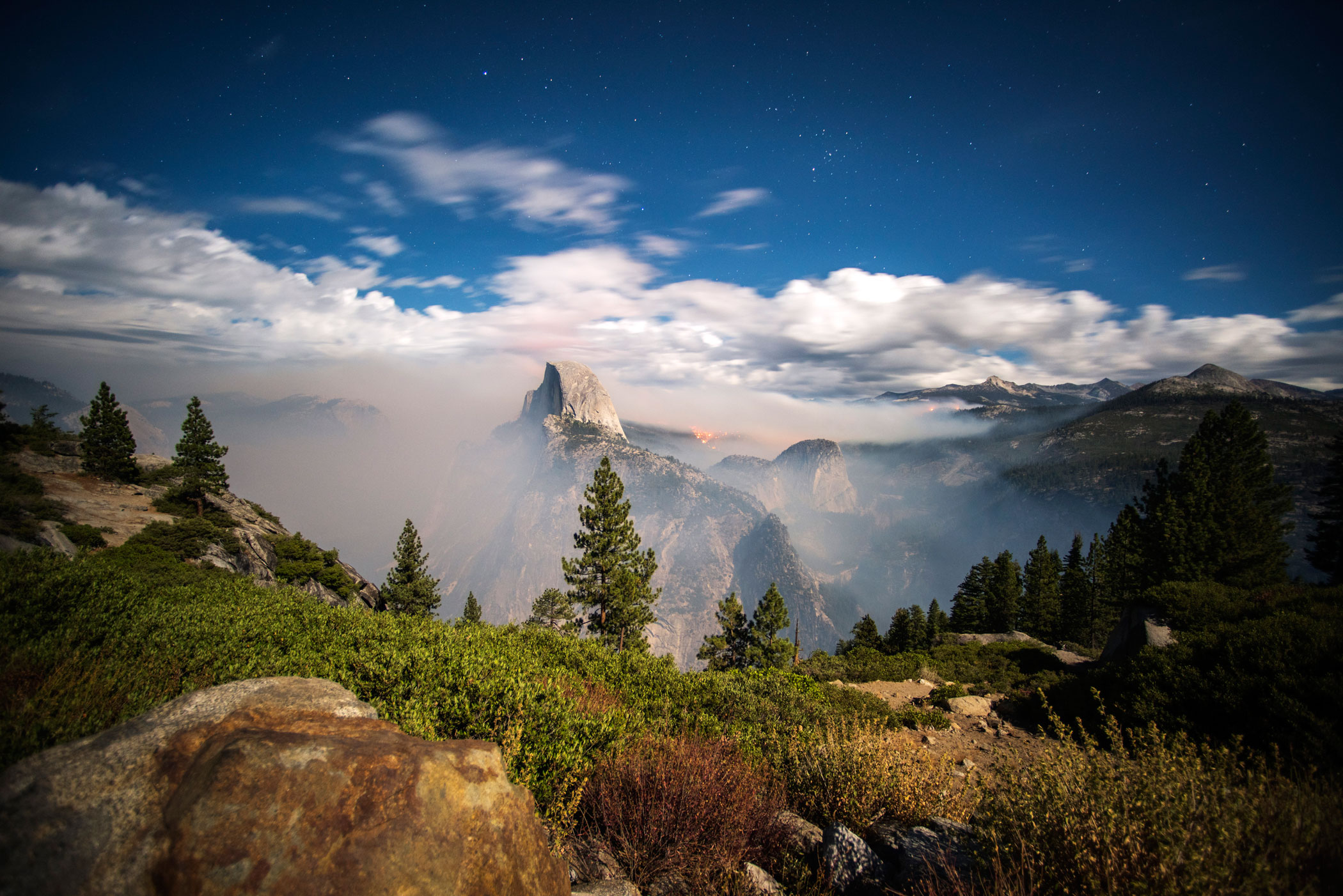 The Meadow Fire burns overnight near Half Dome in Yosemite National Park early Monday September 8, 2014. As of Wednesday the fire had burned over 4,500 acres and was 10% contained.