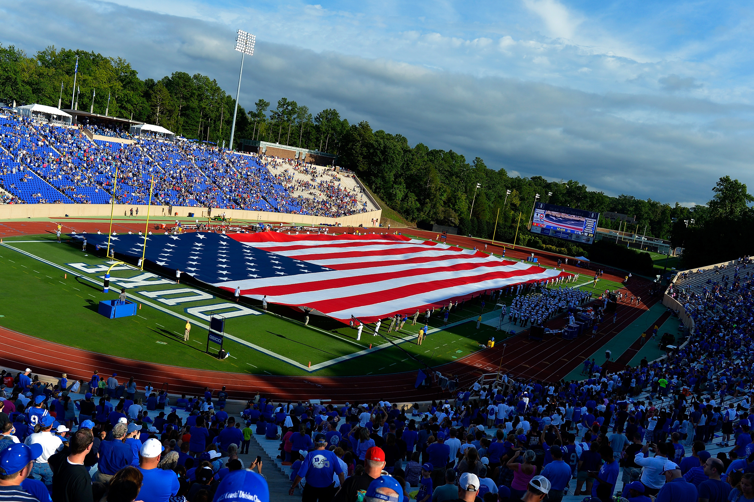 A stadium-sized American flag is displayed for Military Appreciation Day during halftime of the game between the Kansas Jayhawks and the Duke Blue Devils at Wallace Wade Stadium on September 13, 2014 in Durham, North Carolina. (Grant Halverson&mdash;Getty Images)
