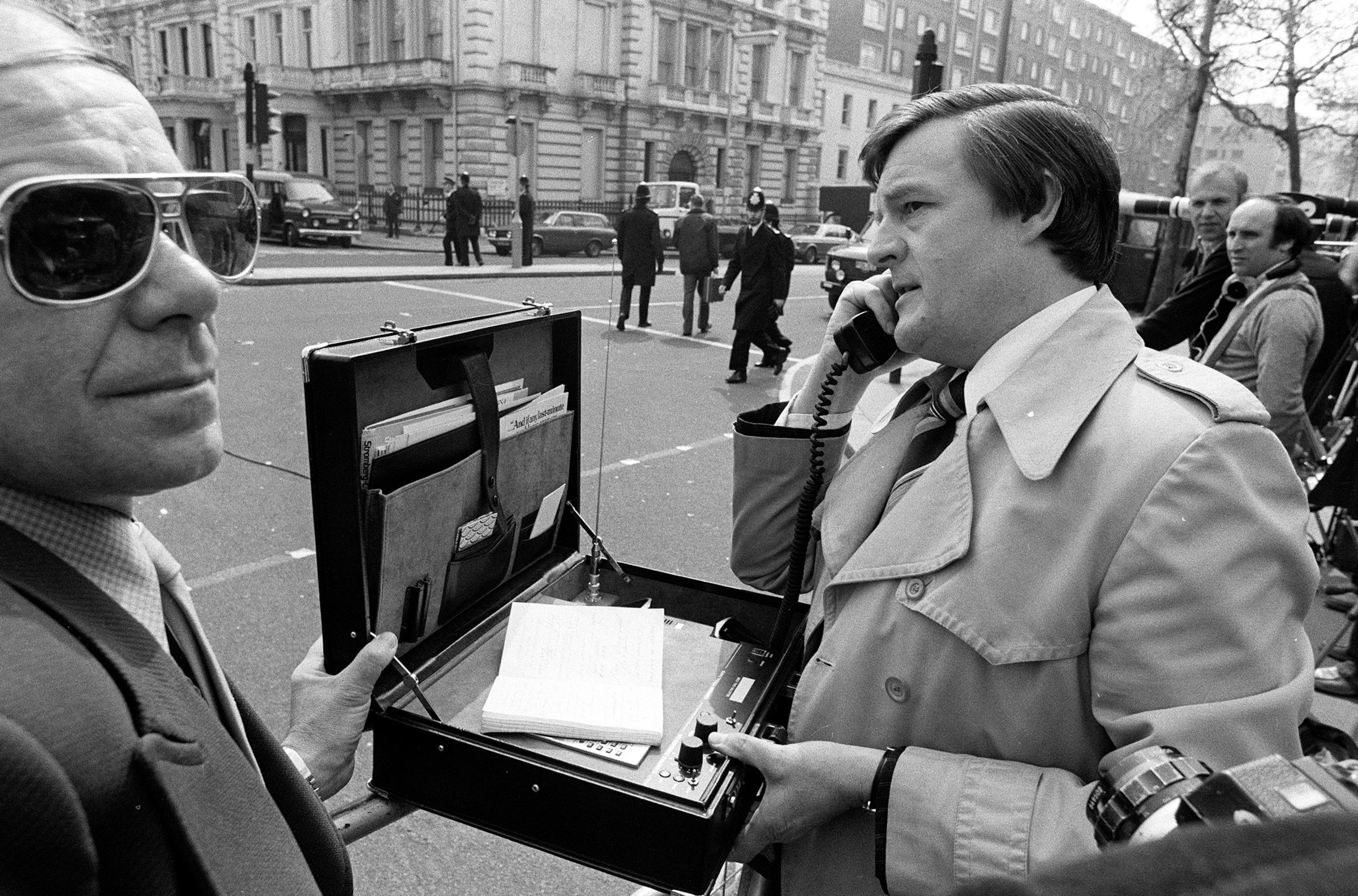 An early mobile phone during the Iranian Embassy siege at Princes Gate in South Kensington, London.