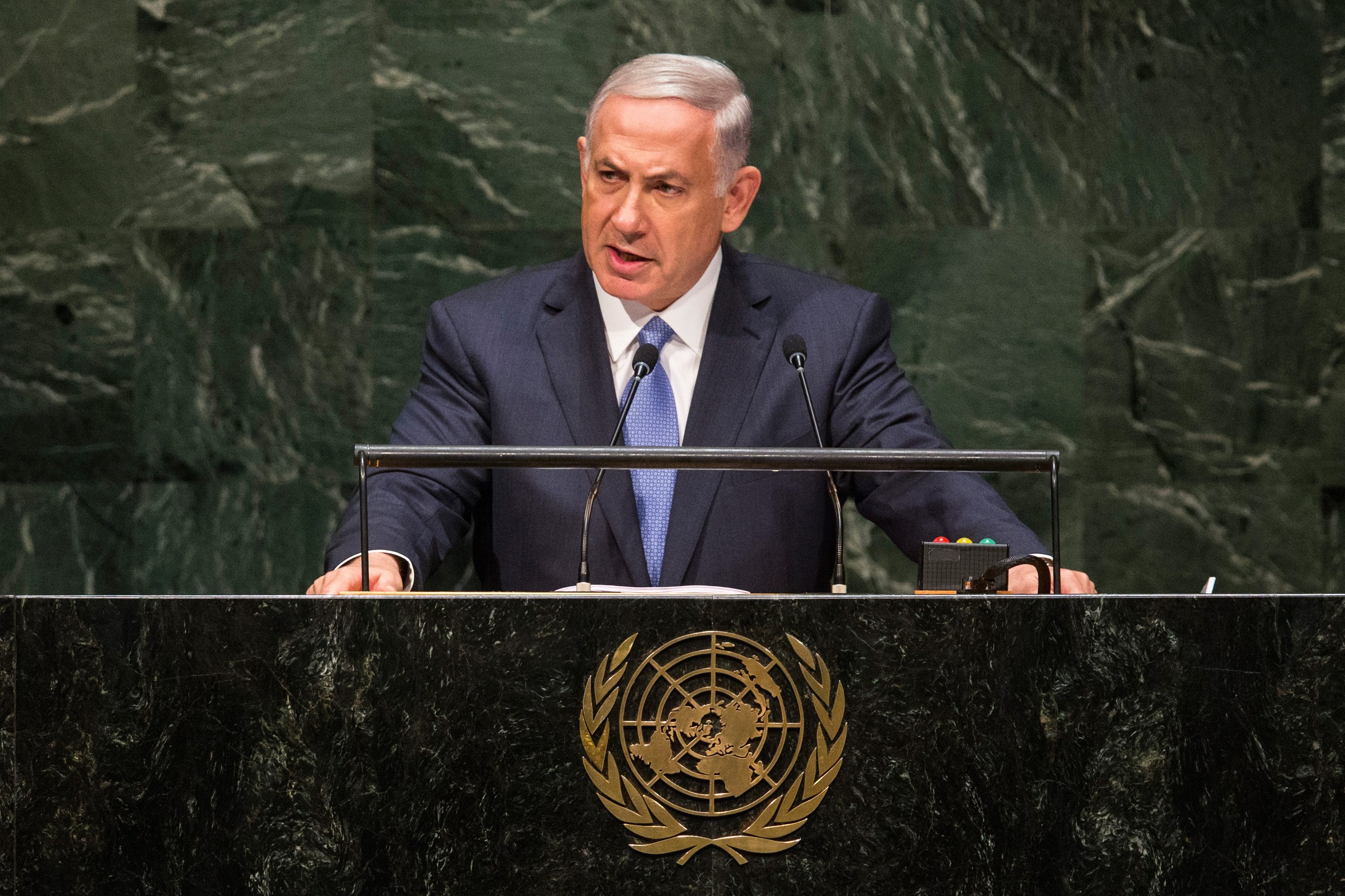 Prime Minister of Israel Benjamin Netanyahu speaks at the 69th United Nations General Assembly on Sept. 29, 2014 in New York City. (Andrew Burton—Getty Images)