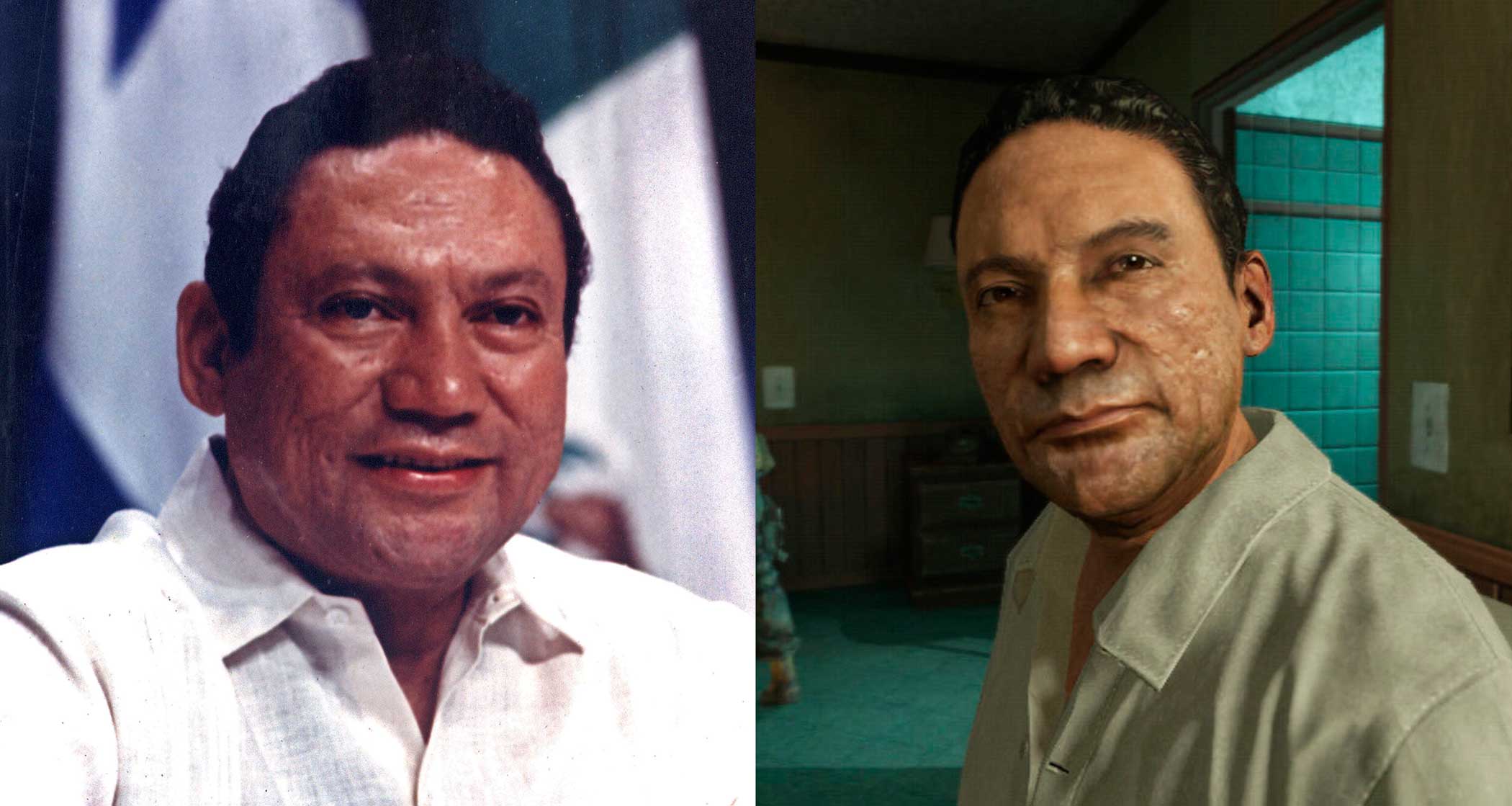 (L) Panamanian strongman Manuel Antonio Noriega takes part in a news conference at the Atlapa center in Panama City on Oct. 11,1998.(R) The character Noriega claims was created in his likeness.
