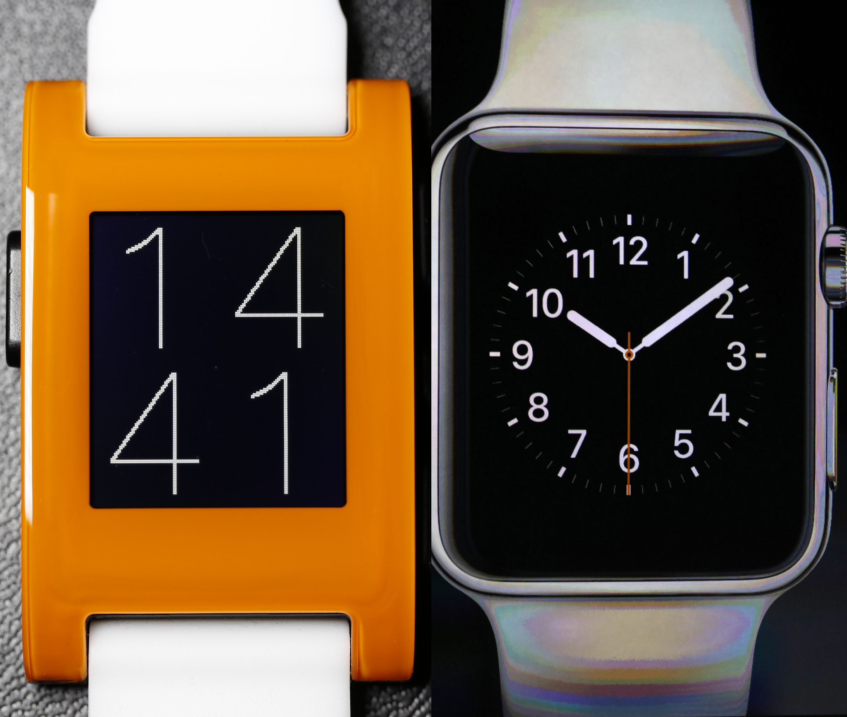 Left: Pebble watch Right: Apple watch (Oscar Galvan Felez—Getty Images; Monica Davey—EPA)