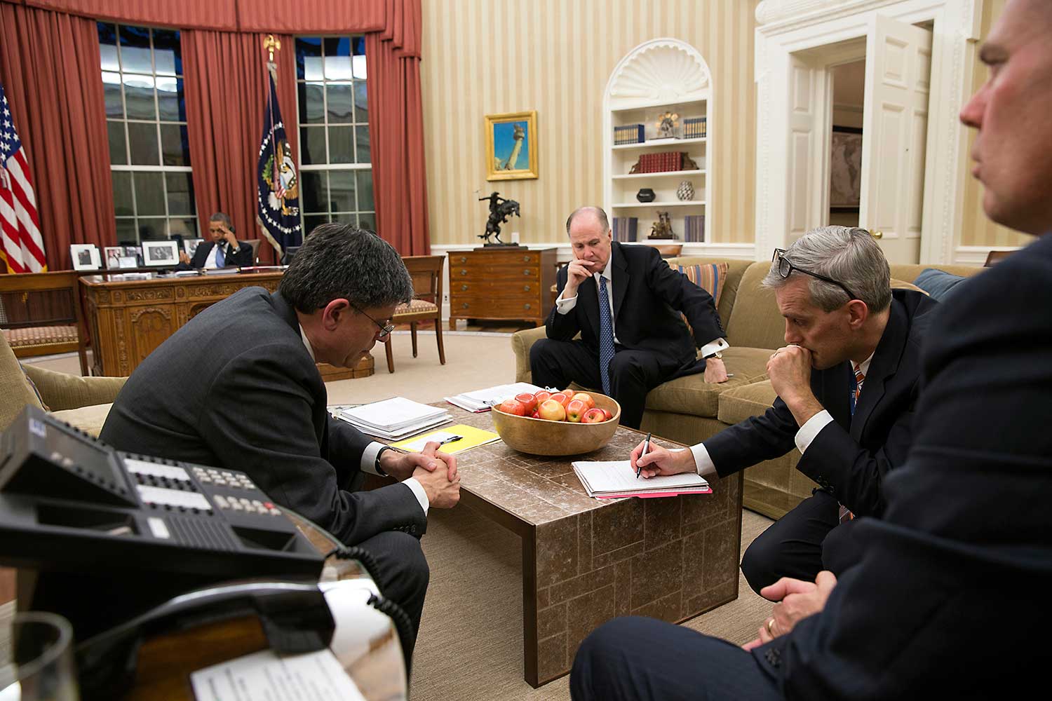 President Barack Obama has a foreign leader phone call with President Mohammed Morsi of Egypt about about the rocket attacks being launched from Gaza into Israel, and the escalating violence in Gaza, in the Oval Office, Nov. 14, 2012. Chief of Staff Jack Lew, National Security Advisor Tom Donilon, and Deputy National Security Advisor Denis McDonough attend.