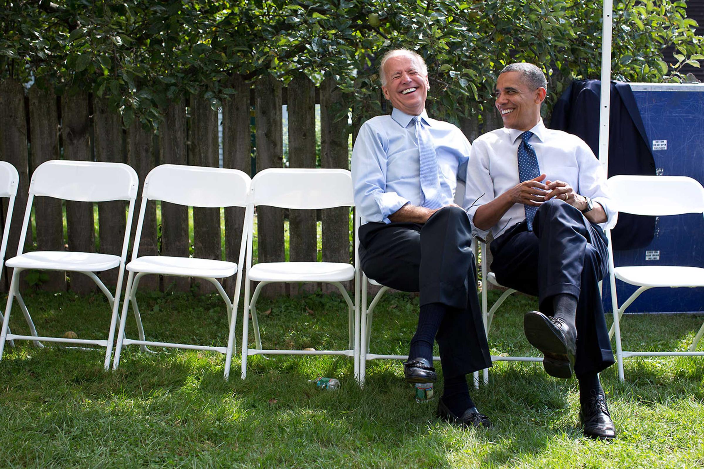 President Obama and Vice President Biden share a laugh before an event at Strawbery Banke Museum in Portsmouth, N.H., Sept. 7, 2012.