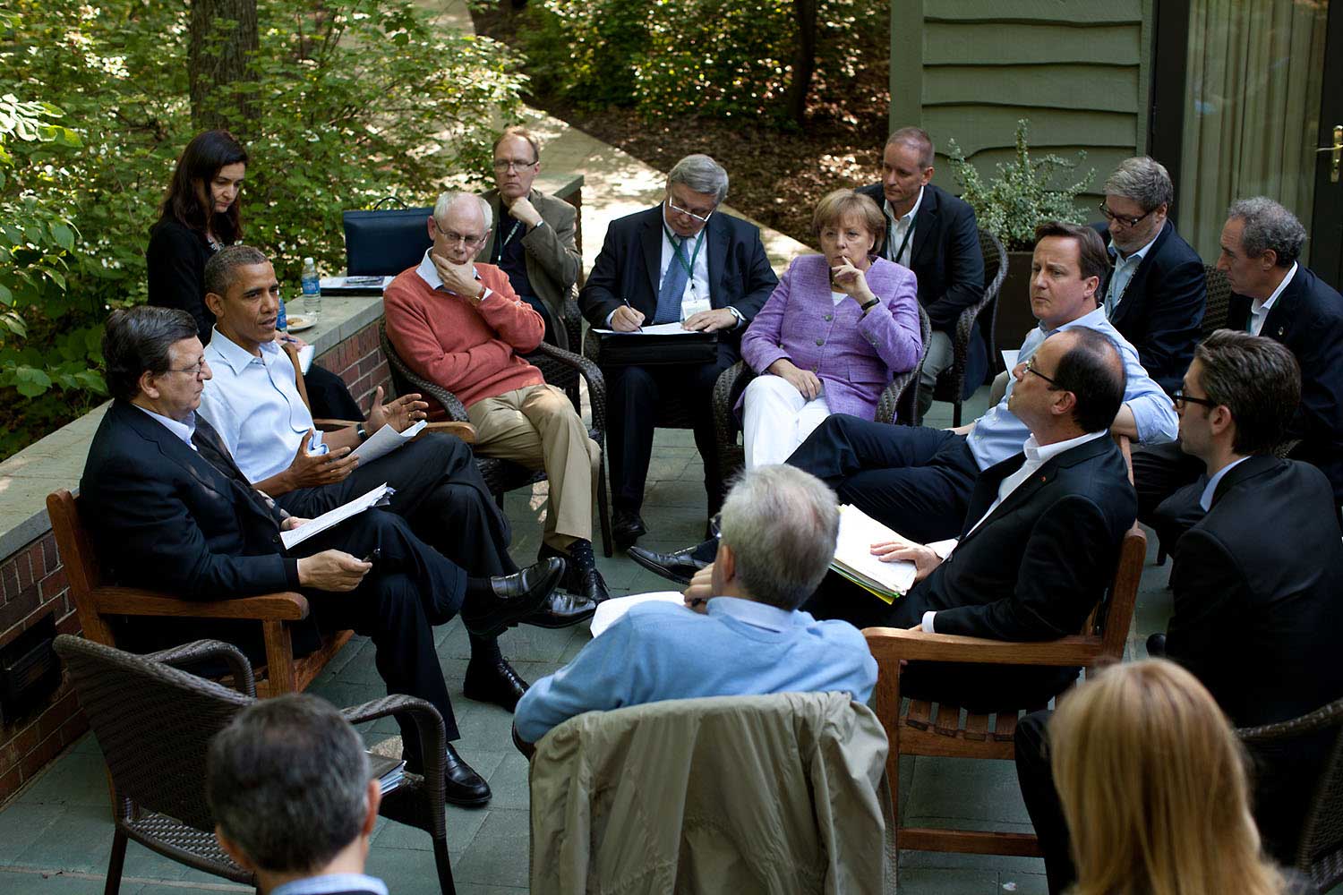 President Obama meets with European leaders on the Laurel Cabin patio during the G8 Summit at Camp David, Md., May 19, 2012.