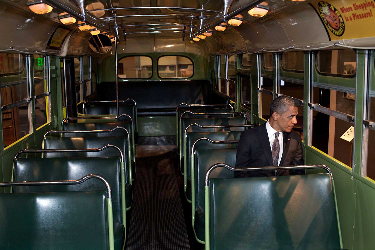 President Obama sits on the famed Rosa Parks bus at the Henry Ford Museum following an event in Dearborn, Mich., April 18, 2012.