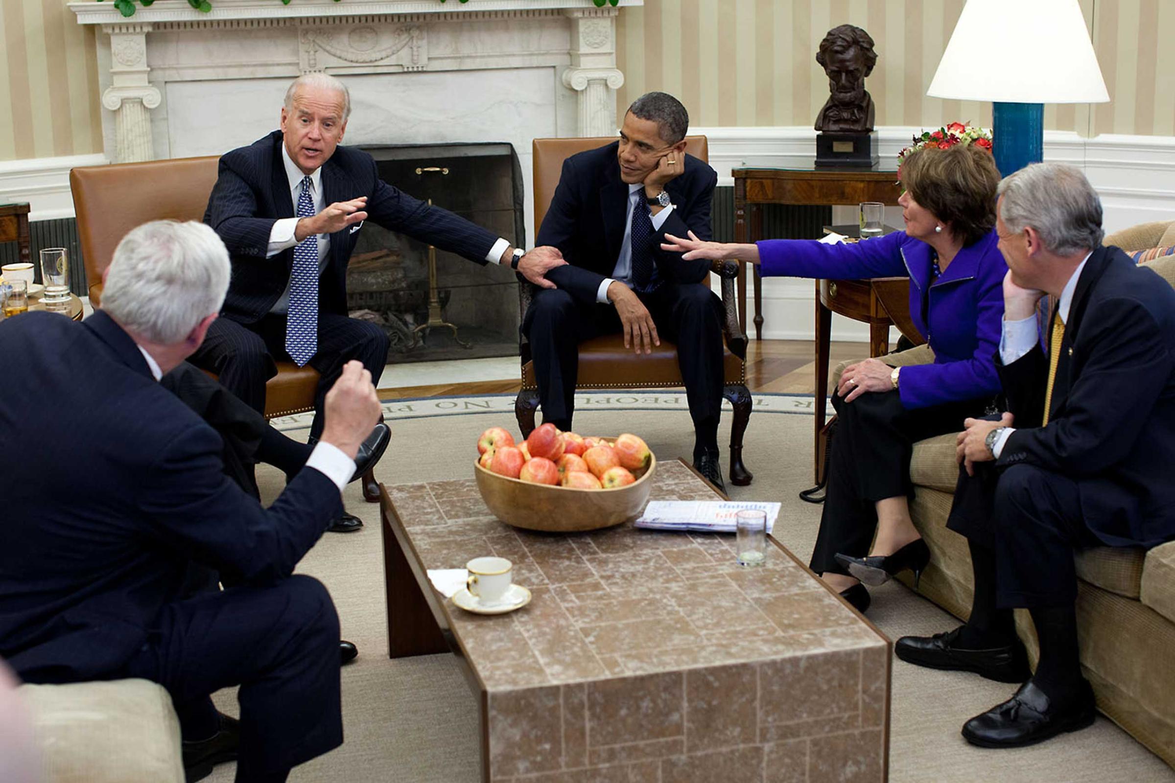 "Usually the best moments at meetings are before and after the participants actually sit down. In this case, though, there was an interesting juxtaposition of gestures as the President and Vice President met with the House Democratic Leadership in the Oval Office, Nov. 1, 2011."