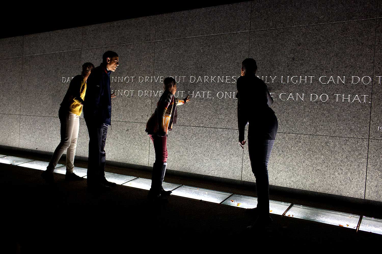 The Obama family make an unannounced visit to tour the Martin Luther King, Jr. National Memorial in Washington, D.C., Oct. 14, 2011, the night before the President made remarks at the official dedication of the memorial.