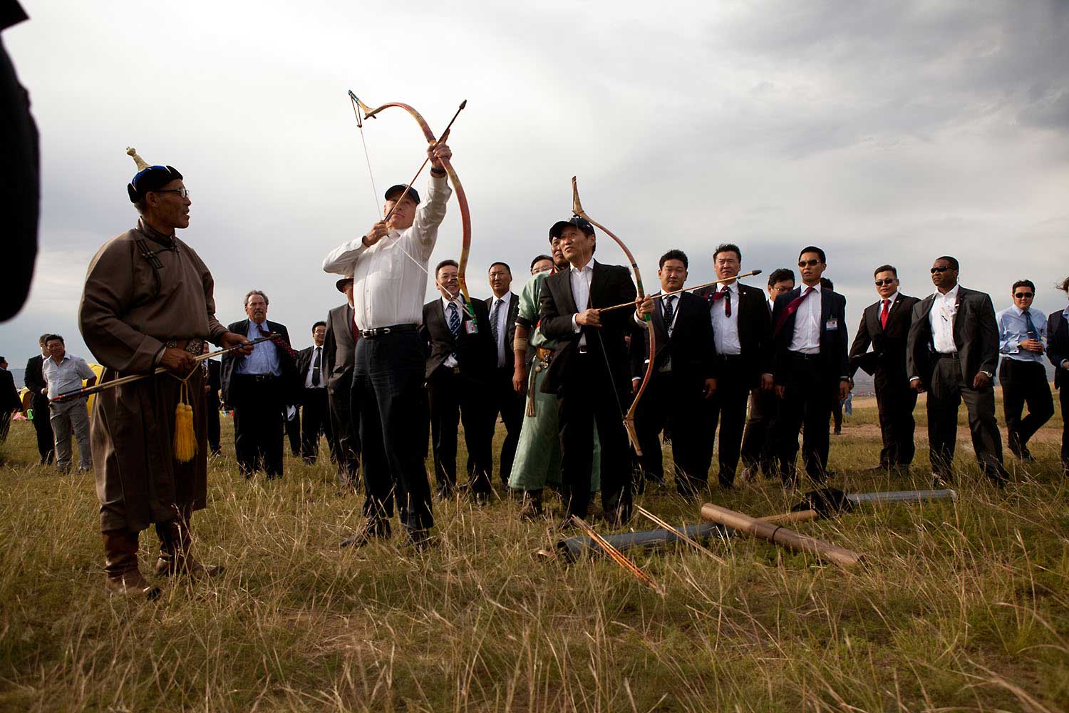 "David Lienemann captured this photograph as the Vice President draws his bow during the archery portion of a cultural demonstration, outside Ulaanbaatar, Mongolia, with Mongolian Prime Minister Sukhbaatar Batbold looking on, Aug. 22, 2011. I told David when I first saw this photo that I would never have been brave enough to stand that close to the line of fire."