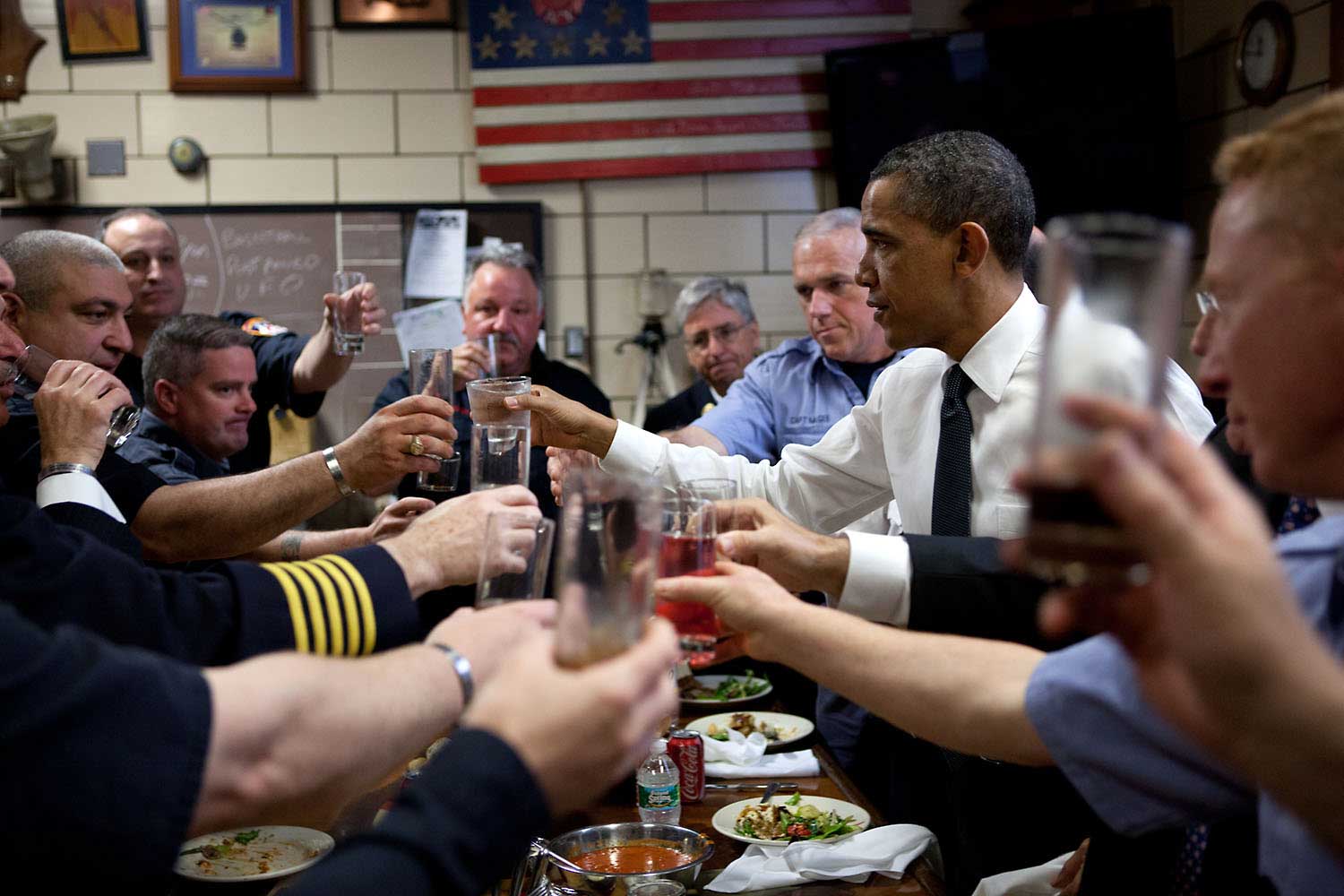 A few days after the mission against bin Laden, on May 5, 2011, the President traveled to New York City to meet with families of the 9/11 victims. He also visited at the Engine 54, Ladder 4, Battalion 9 Firehouse. The firehouse, known as the "Pride of Midtown," lost 15 firefighters on 9/11 -- an entire shift and more than any other New York firehouse. Here, the firefighters offer an impromptu toast to the President in honor of their fallen comrades during a lunch at the station house."
