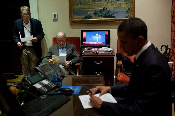 President Barack Obama edits his remarks in the Outer Oval Office prior to making a televised statement detailing the mission against Osama bin Laden, May 1, 2011. Vice President Biden, Press Secretary Jay Carney and are also pictured.