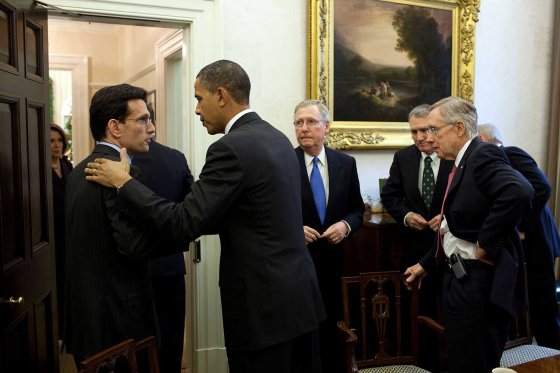 President Obama talks with Rep. Eric Cantor, the Republican Whip, after a meeting with bipartisan Congressional leadership in the Oval Office Private Dining Room, Nov. 30, 2010.