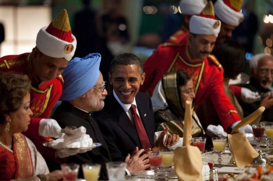President Obama talks with Prime Minster of India Manmohan Singh during a the State Dinner at Rashtrapati Bhavan, the presidential palace, in New Dehli, India, Nov. 8, 2010.