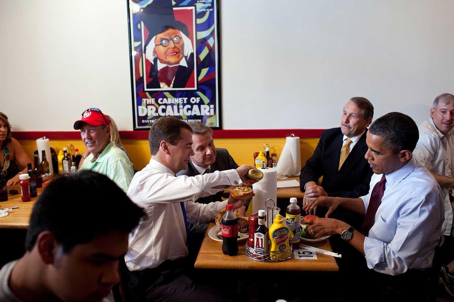 President Obama and Russian President Dmitry Medvedev talk over lunch during an unannounced trip to Ray's Hell Burger in Arlington, Va., June 24, 2010.