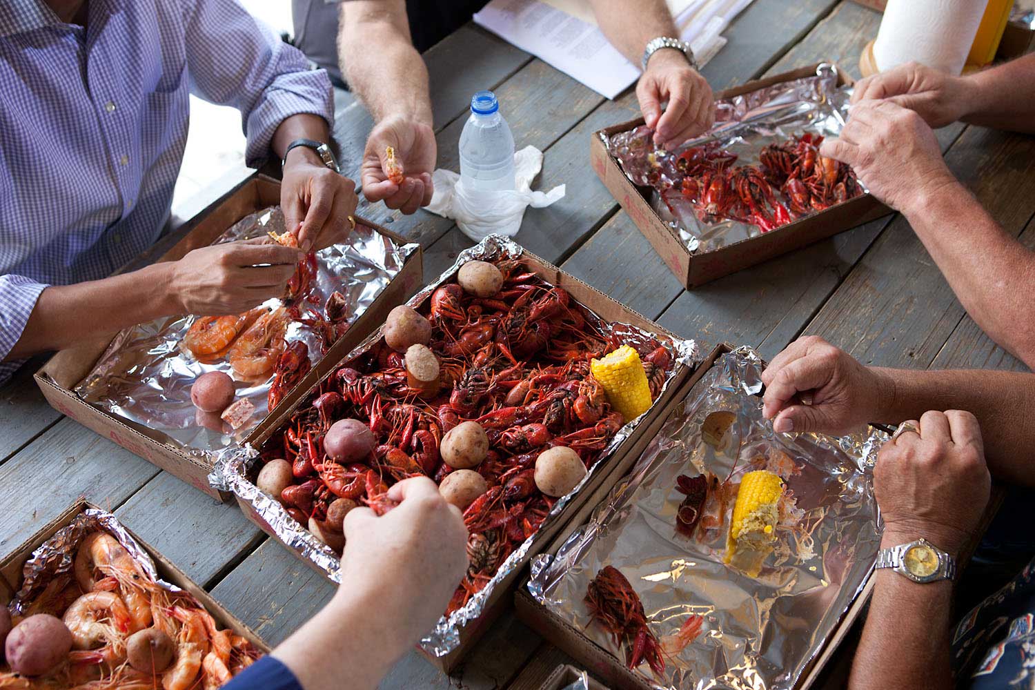 "To call attention to the safety of the seafood in the Gulf Coast after the BP oil spill, the President ate some shrimp and crawfish with locals in Grand Isle, La., June 4, 2010. I noticed all the hands digging into the food and thought it made an interesting angle."