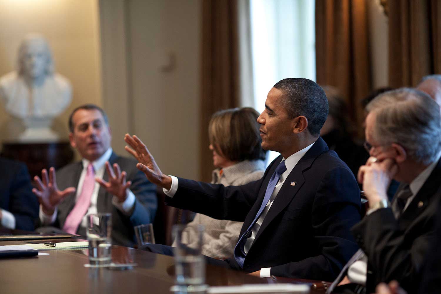 President Barack Obama engages with Rep. John Boehner, soon-to-be Speaker of the House, during a spirited bipartisan Congressional leadership meeting in the Cabinet Room of the White House, Feb. 9, 2010.