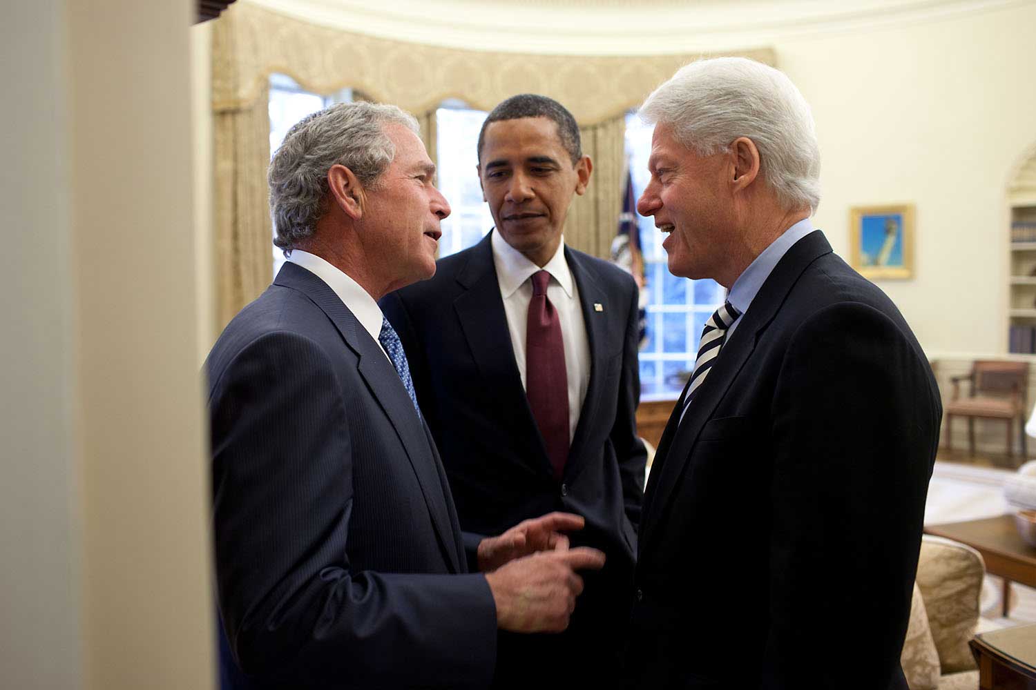 "President Obama had called on the two former Presidents to help with the situation in Haiti. During their public remarks in the Rose Garden, Jan. 16, 2010, President Clinton had said about President Bush, ÔIÕve already figured out how I can get him to do some things that he didnÕt sign on for.Õ Later, back in the Oval, President Bush is jokingly asking President Clinton what were those things he had in mind.Ó