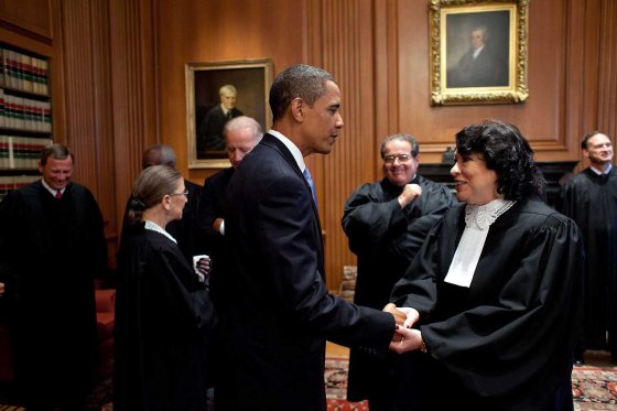 President Obama greets Sonia Sotomayor prior to her Investiture as an Associate Justice at the U.S. Supreme Court, Sept. 8, 2009.