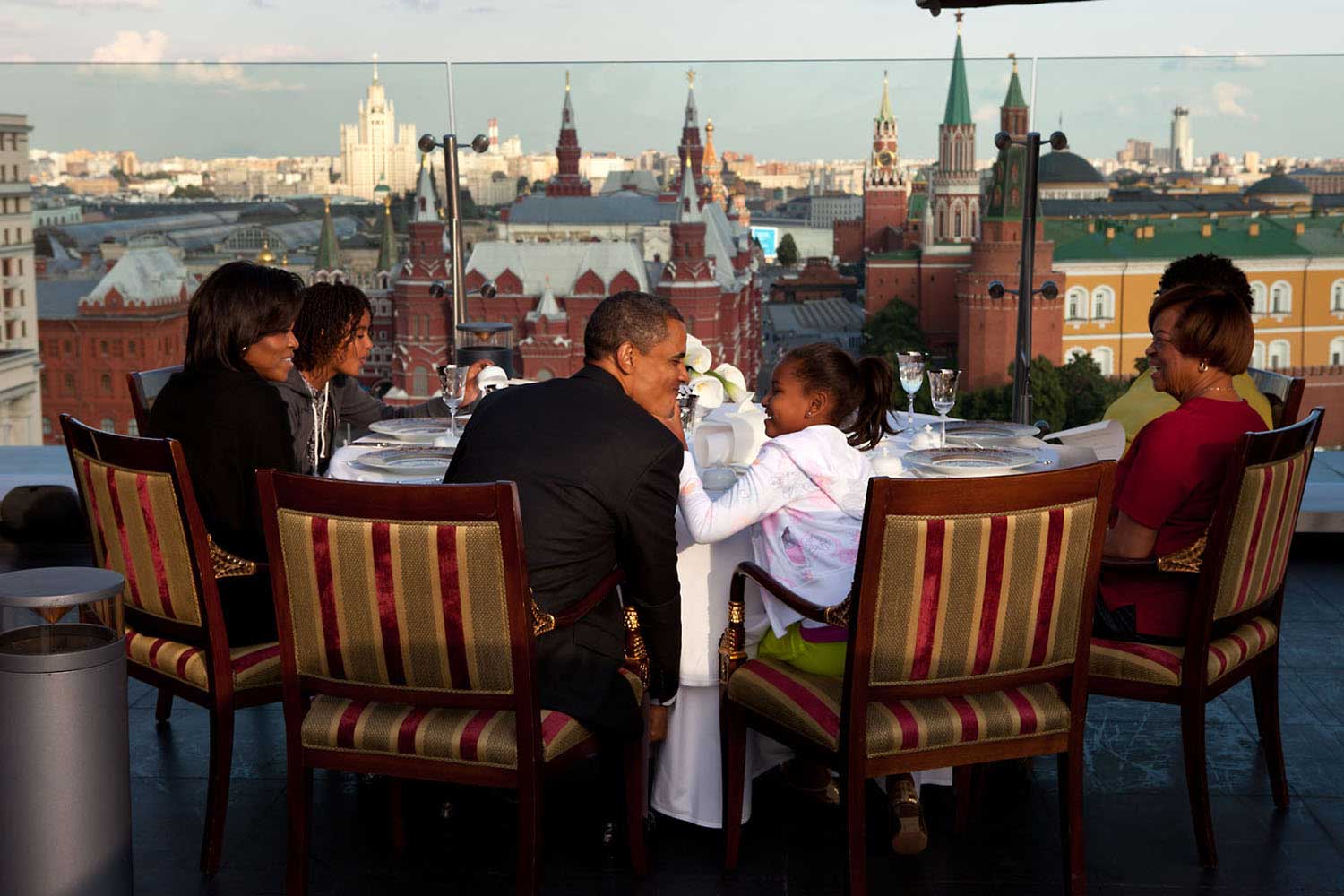 President Obama has dinner with his family on the roof of a hotel restaurant in Moscow,  July 7, 2009.