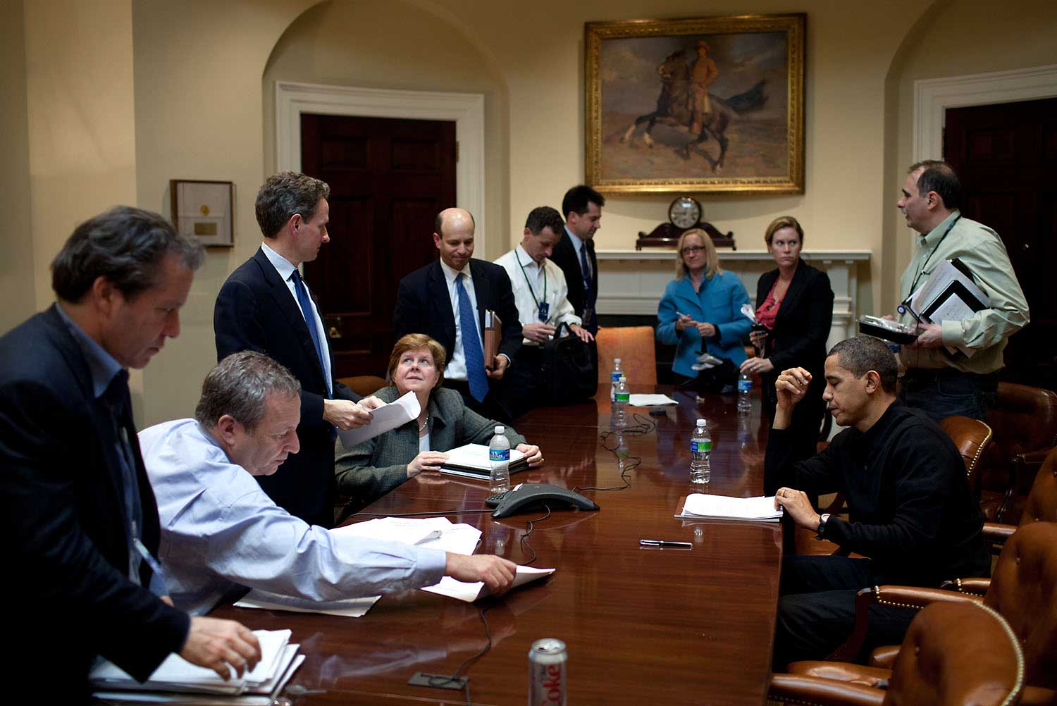 President Obama: Economic Meeting with advisors. Roosevelt Room.