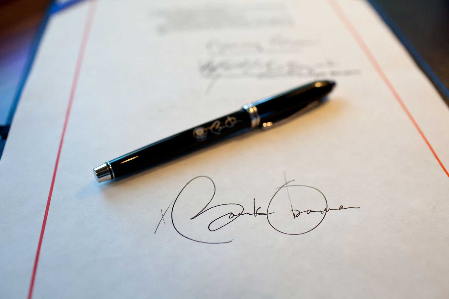 Aboard Air Force One, a closeup of the President’s signature on the American Recovery and Reinvestment Act, which he had just signed in Denver, on Feb. 17, 2009