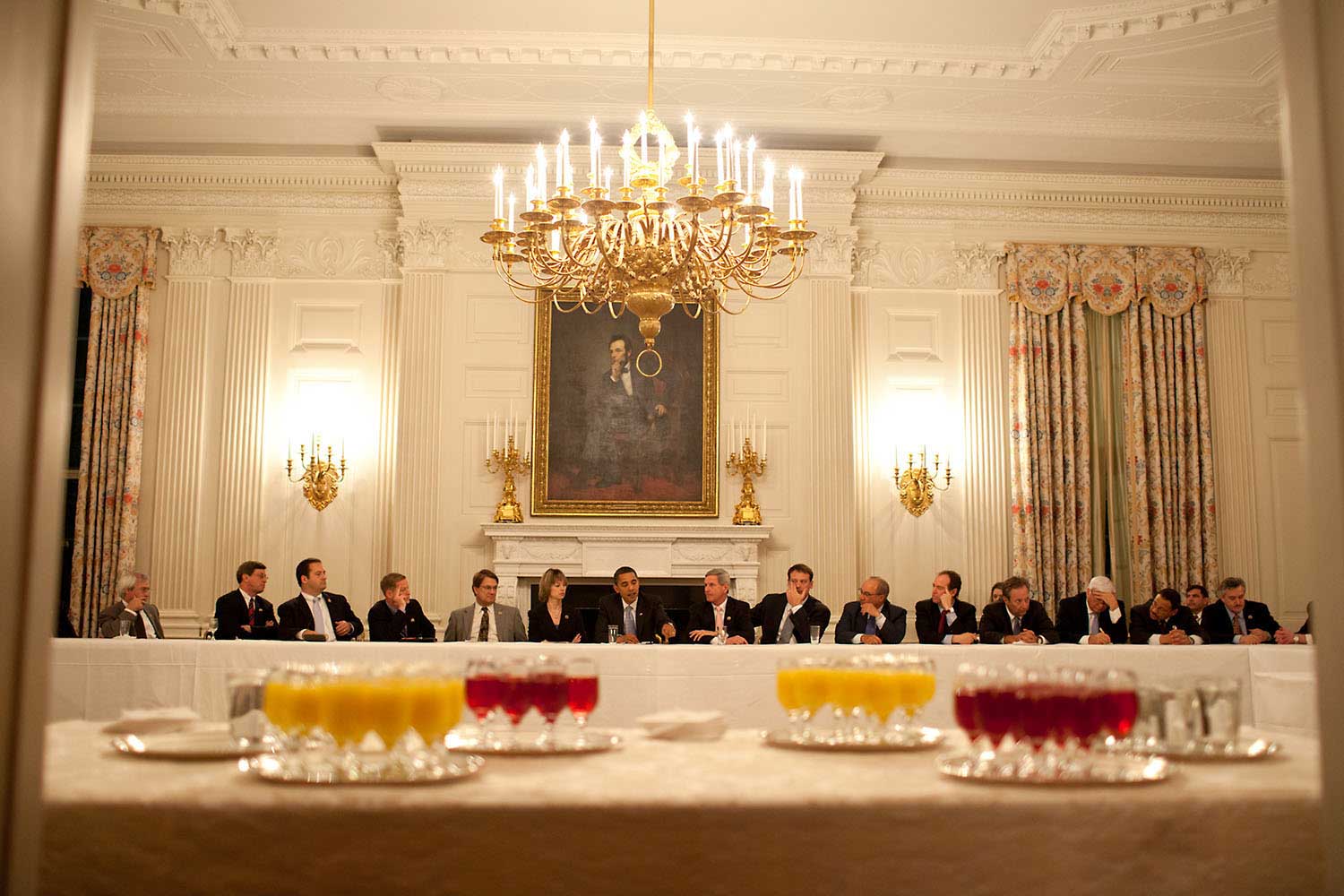 President Obama meets with the Democratic Blue Dog Coalition in the State Dining Room, Feb. 10, 2009.