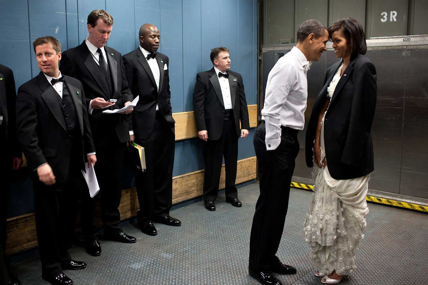 “We were on a freight elevator headed to one of the Inaugural balls on Jan. 20, 2009. It was quite chilly, so the President removed his tuxedo jacket and put it over the shoulders of his wife. Then they had a semi-private moment as staff members and Secret Service agents tried not to look.”