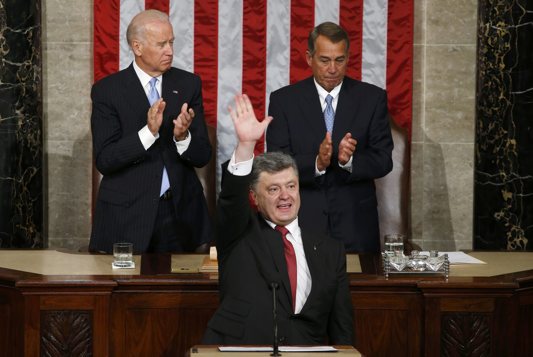 Ukraine President Poroshenko acknowledges applause after addressing joint meeting of Congress in the U.S. Capitol in Washington