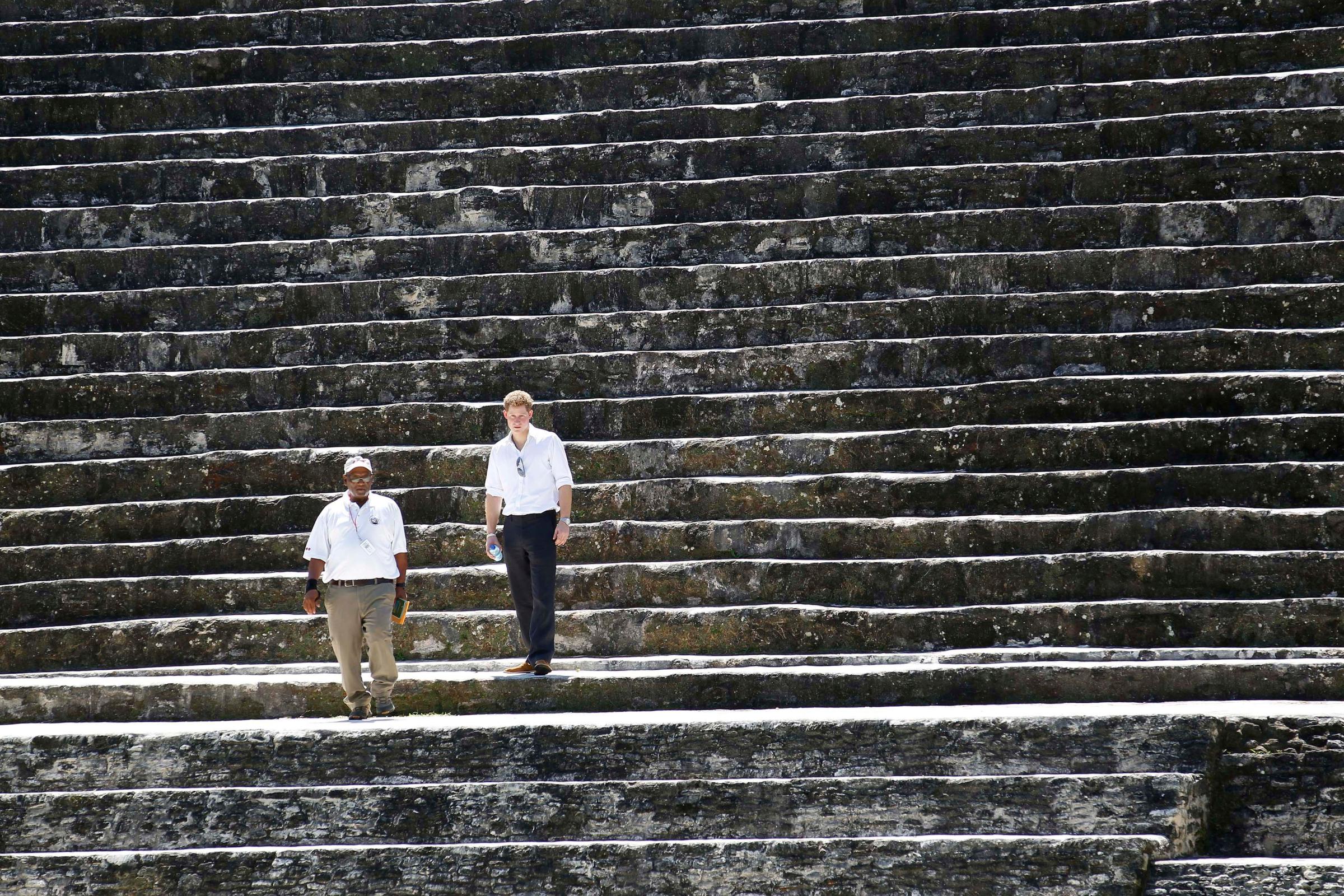 Britain's Prince Harry visits the Xunantunich Mayan temple near Benque Viejo