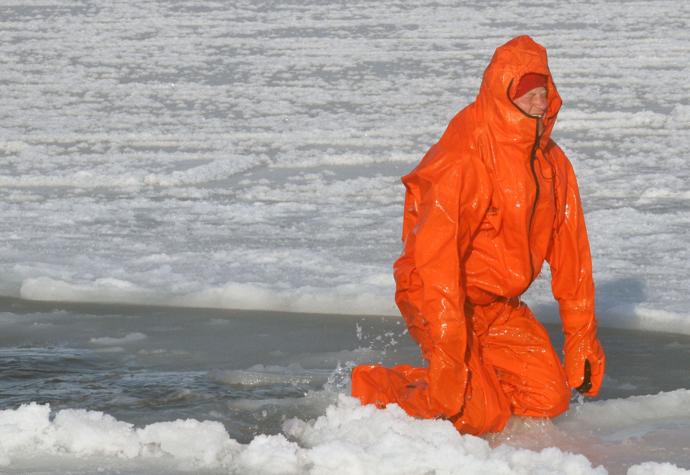 Britain's Prince Harry tries wearing an immersion suit on the island of Spitsbergen, between the Norwegian mainland and the North Pole