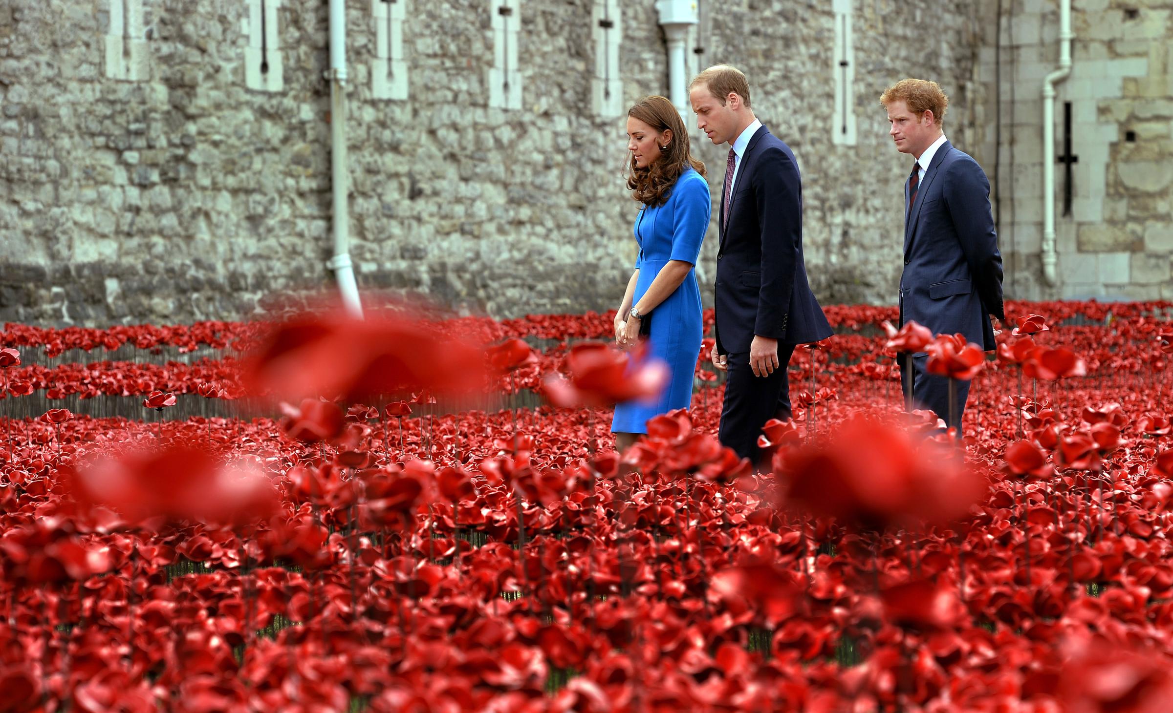The Duke and Duchess of Cambridge and Prince Harry view the Tower of London's Poppy Installation