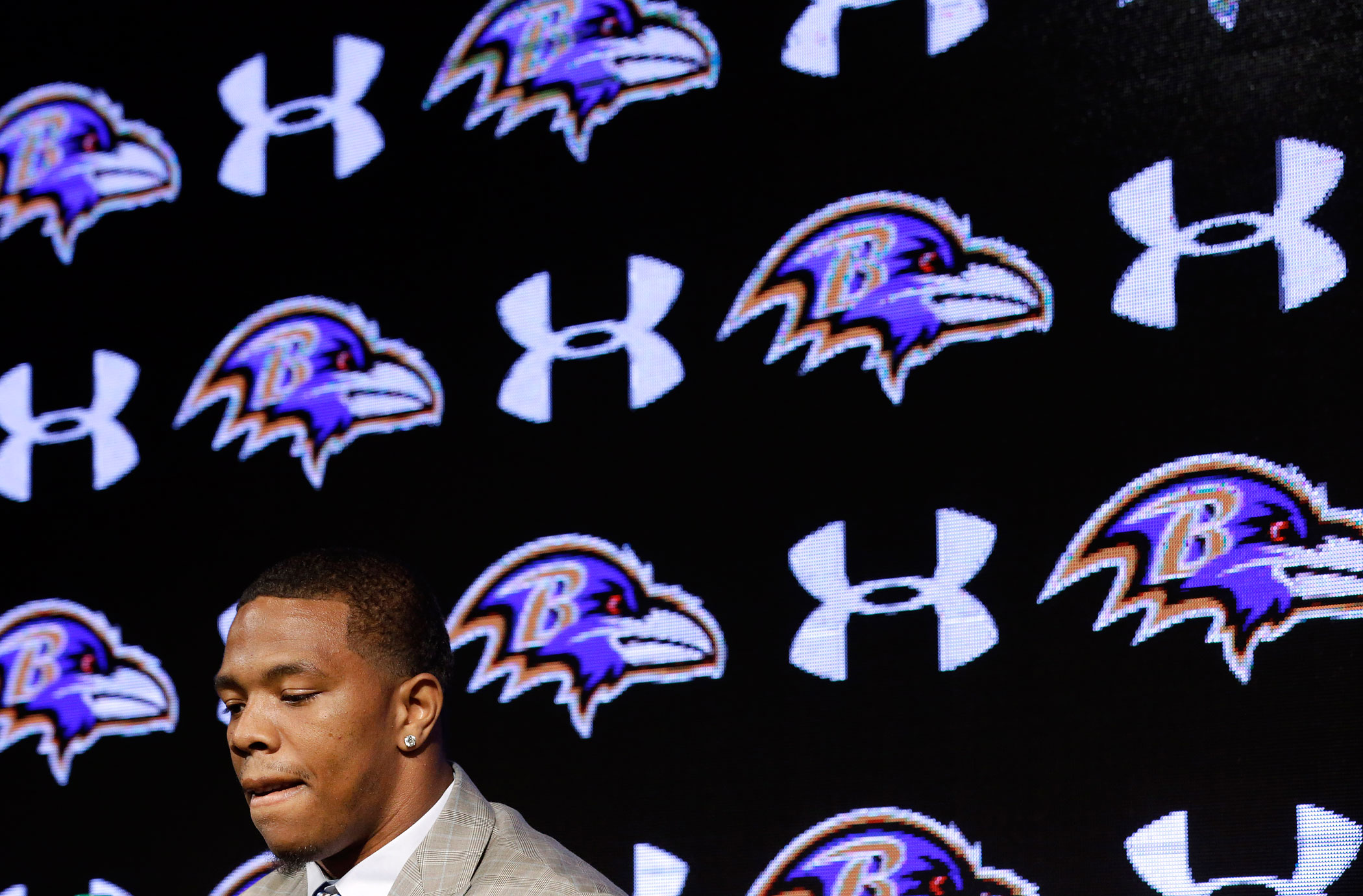 Baltimore Ravens running back Ray Rice pauses as he speaks during an NFL football news conference, Friday, May 23, 2014, in Owings Mills, Md. (Patrick Semansky—AP)