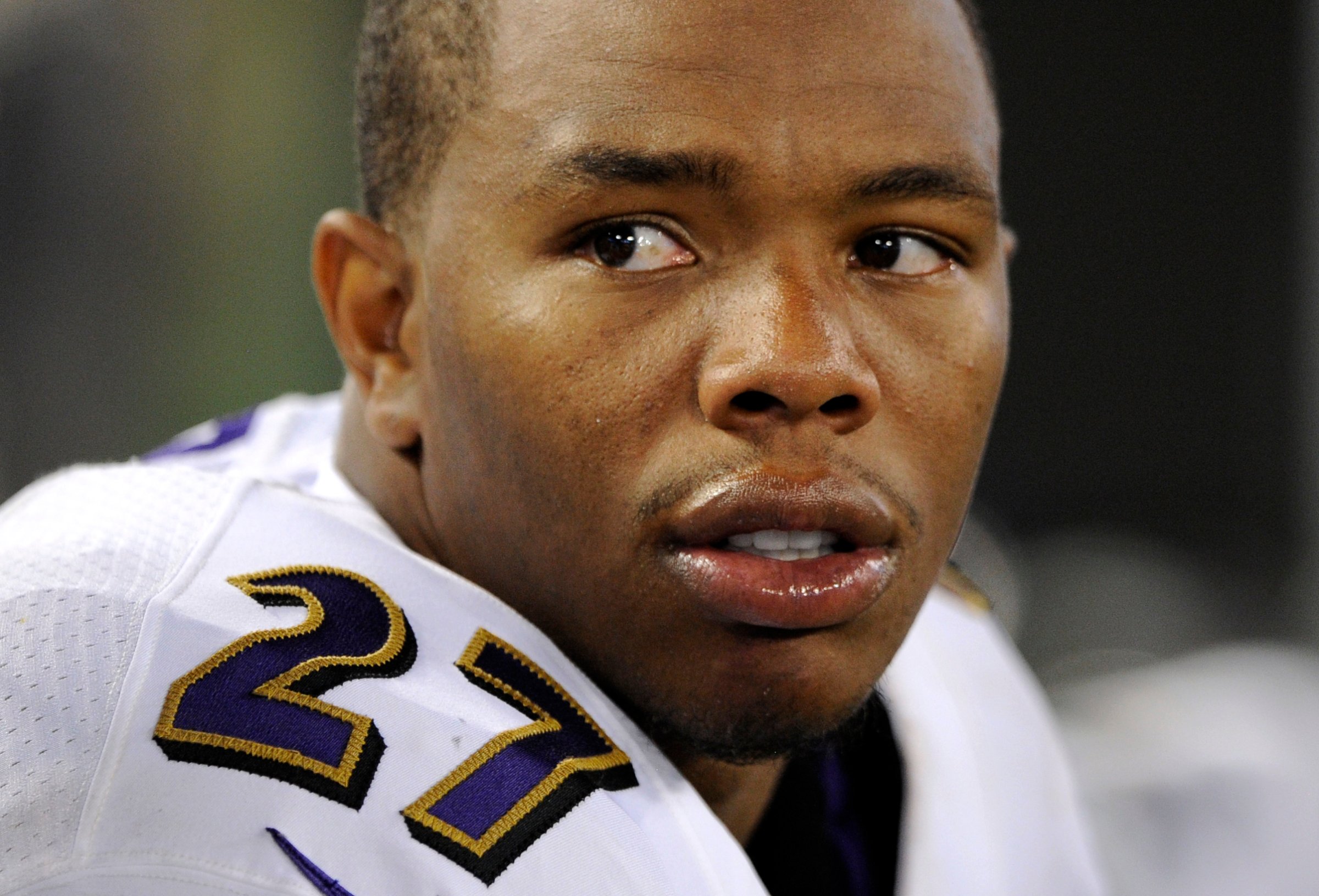 Baltimore Ravens running back Ray Rice sits on the sideline in the first half of an NFL preseason football game against the San Francisco 49ers on Aug. 7, 2014, in Baltimore.