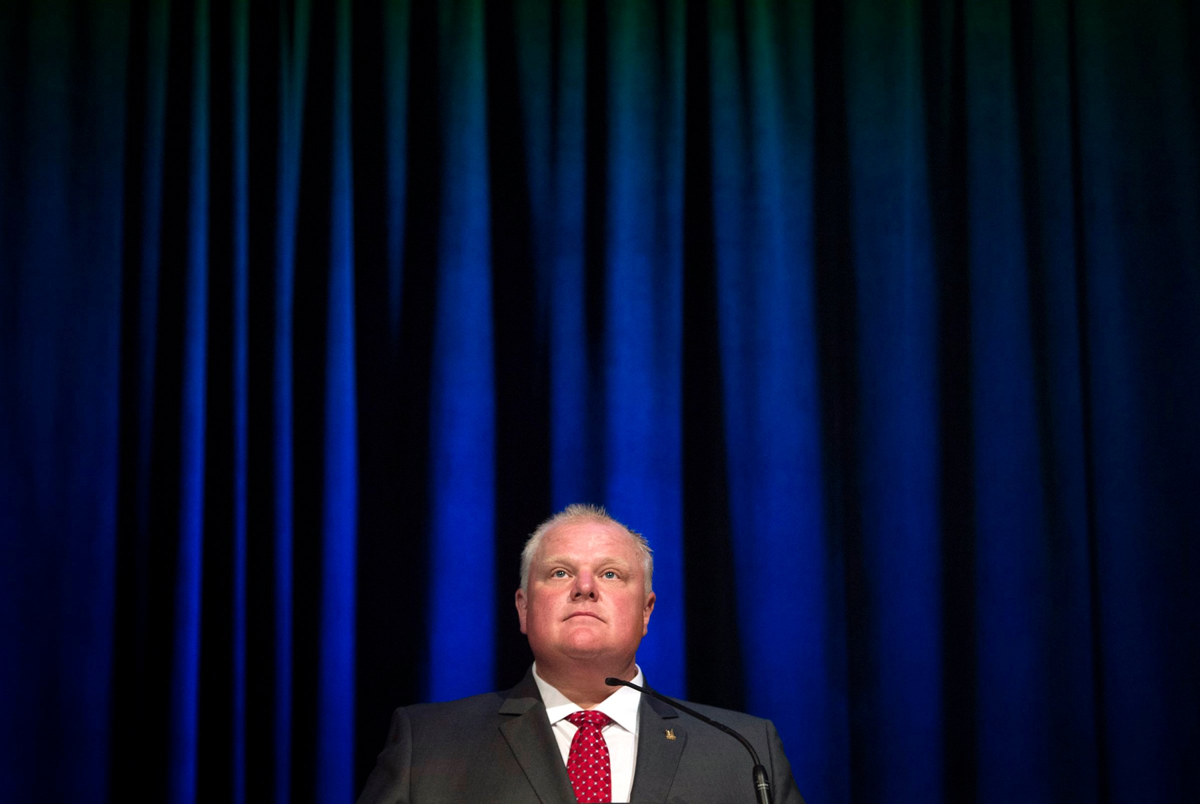 Toronto Mayor Rob Ford pauses while participating in a mayoral debate in Toronto on July 15, 2014.