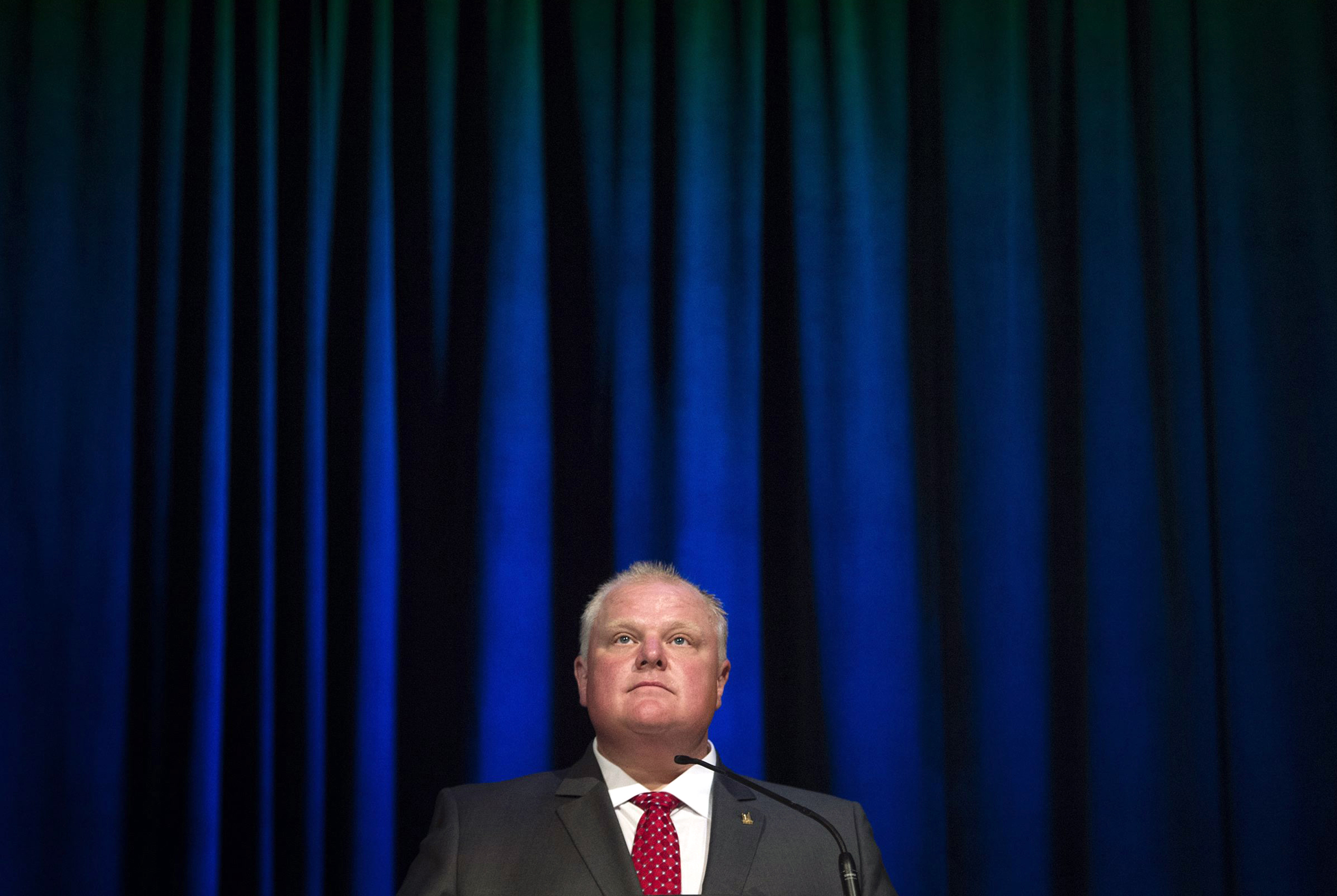 Toronto Mayor Rob Ford pauses while participating in a mayoral debate in Toronto on July 15, 2014.