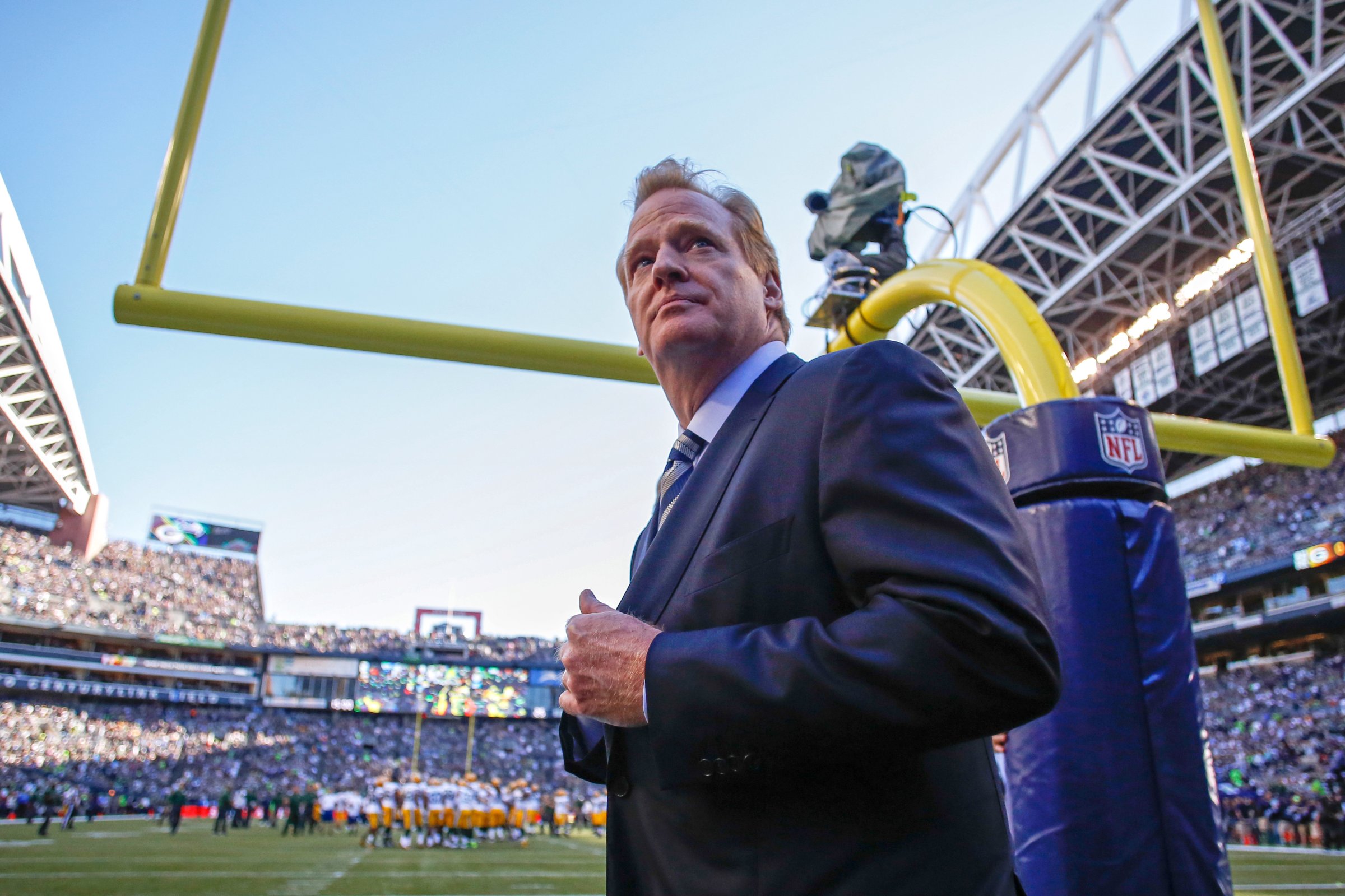 NFL commissioner Roger Goodell walks the sidelines prior to the game between the Seattle Seahawks and the Green Bay Packers at CenturyLink Field on September 4, 2014 in Seattle, Washington.