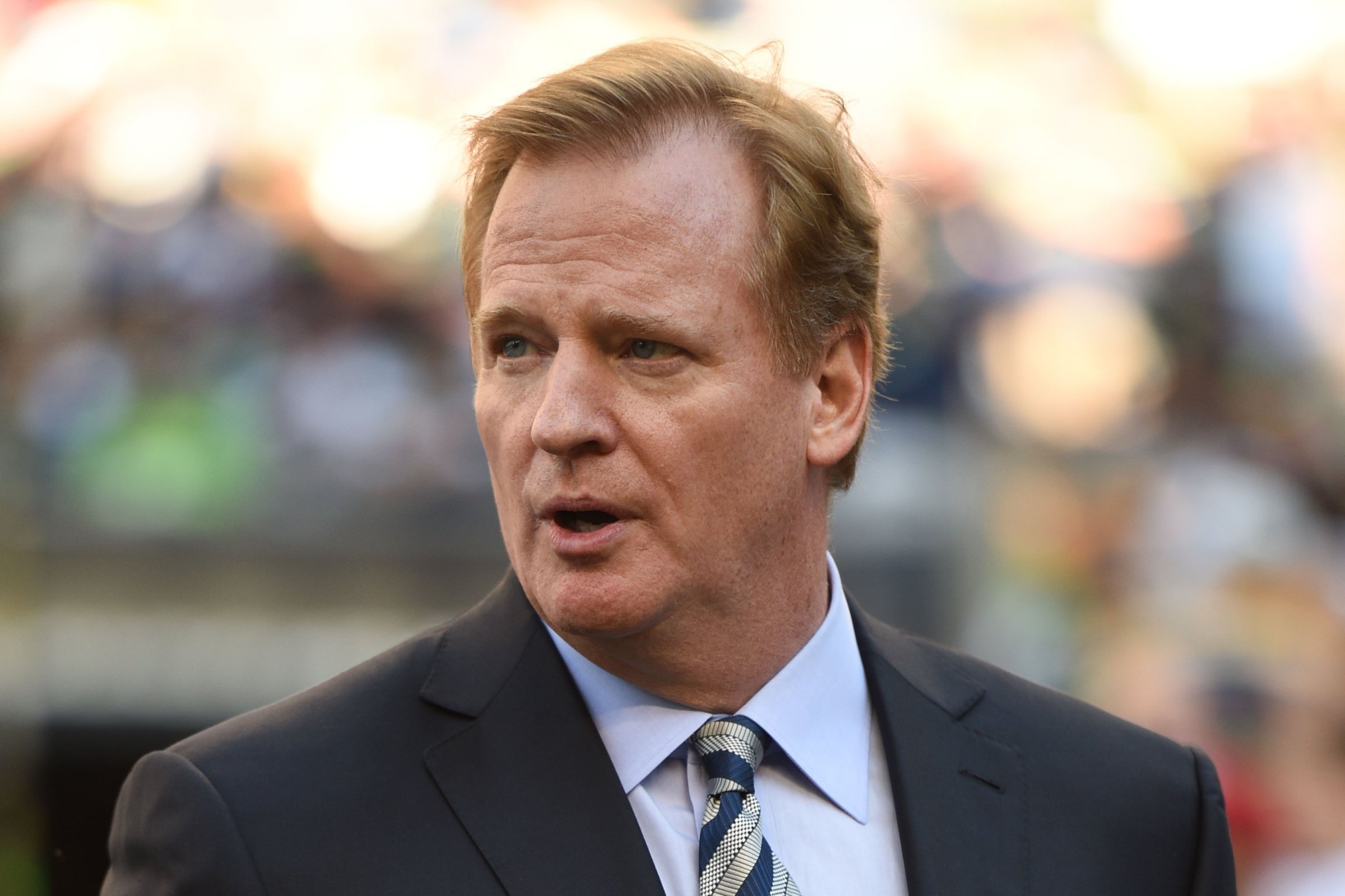 NFL commissioner Roger Goodell walks the sidelines before the game between the Seattle Seahawks and the Green Bay Packers at CenturyLink Field on Sept. 4, 2014 in Seattle.