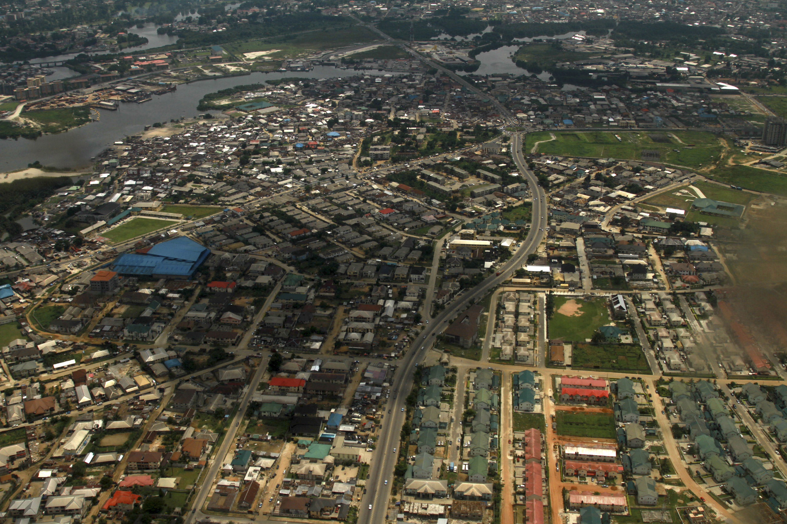 An aerial view of the oil hub city Port Harcourt in Nigeria's Delta region