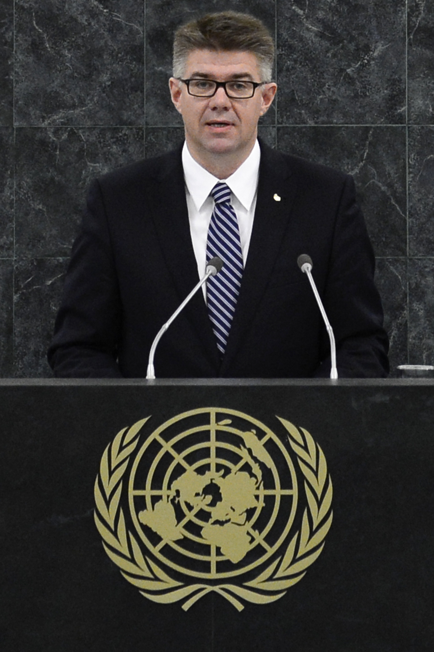 Gunnar Bragi Sveinsson, minister for foreign affairs of Iceland, addresses the 68th session of the United Nations General Assembly in New York Sept. 30, 2013. (Adrees Latif—Reuters)