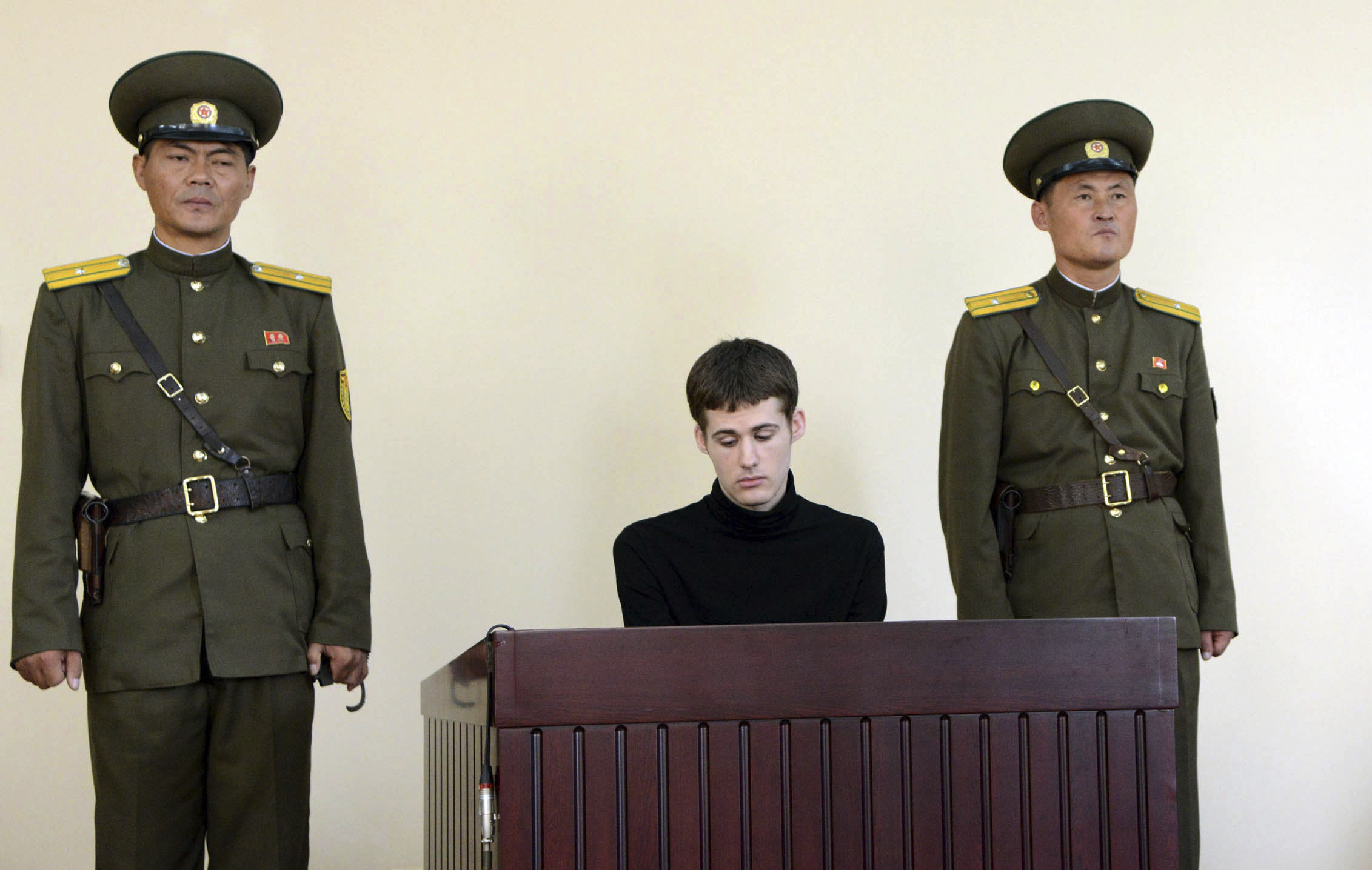 U.S. citizen Matthew Miller during his trial at the North Korean Supreme Court in Pyongyang in this undated photo released by the state-run Korean Central News Agency on Sept. 14, 2014 (KCNA/Reuters)