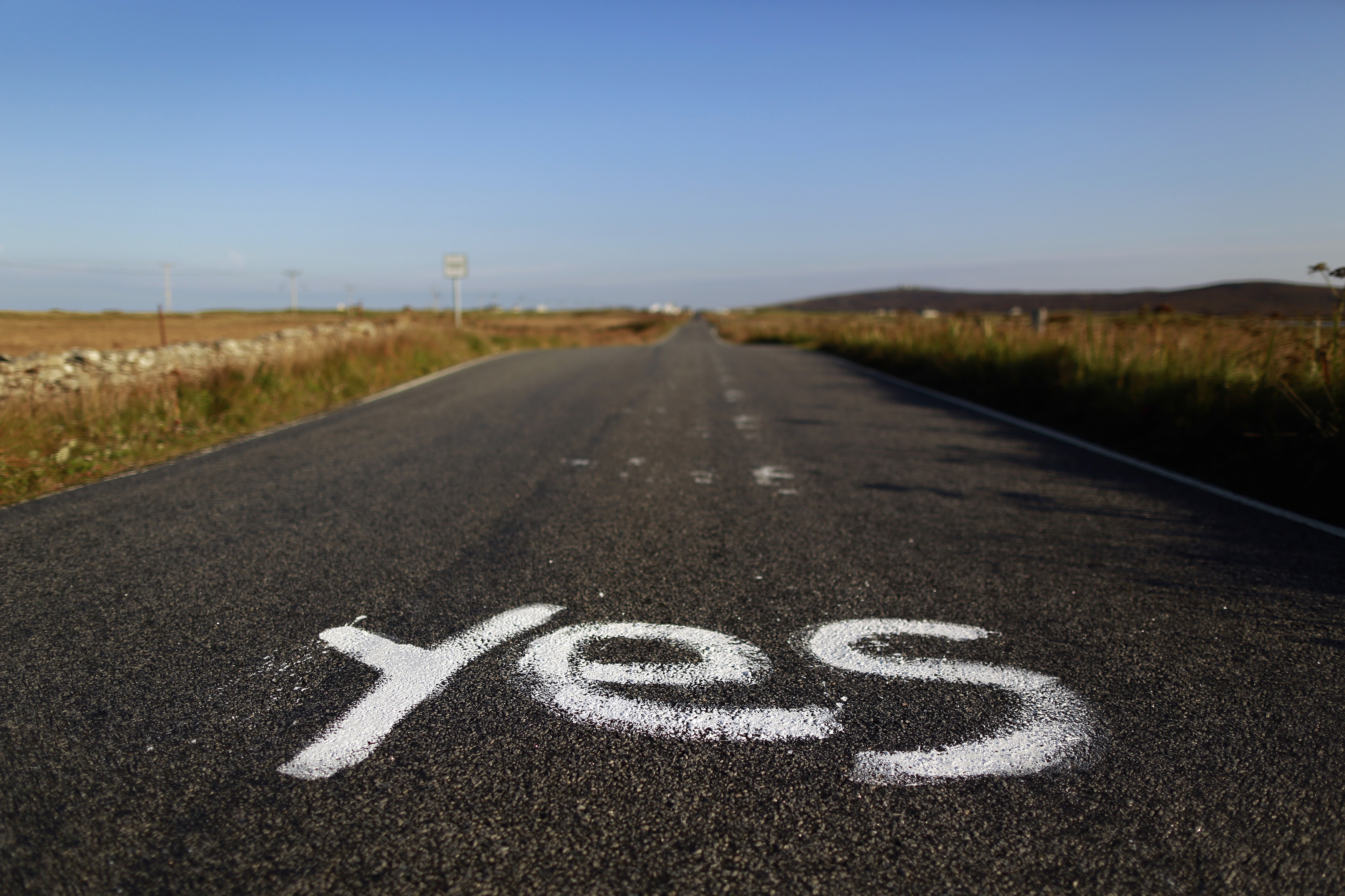 Graffiti supporting the "Yes" campaign is painted on a road in North Uist in the Outer Hebrides Sept. 17, 2014. (Cathal McNaughton—Reuters)