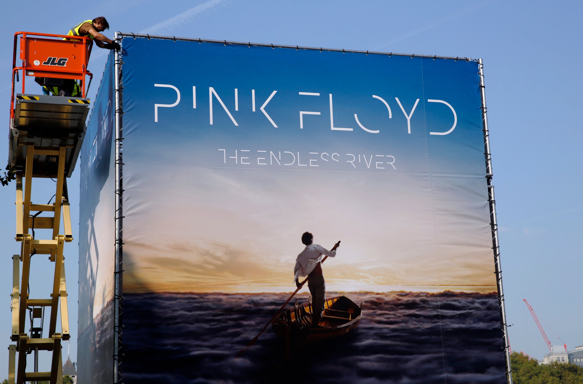 Advertising for the new Pink Floyd album "The Endless River" is installed on a four sided billboard on the South Bank in London