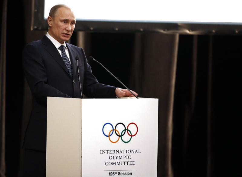 Russian President Vladimir Putin delivers a speech during the opening ceremony of the 126th IOC session in Sochi,