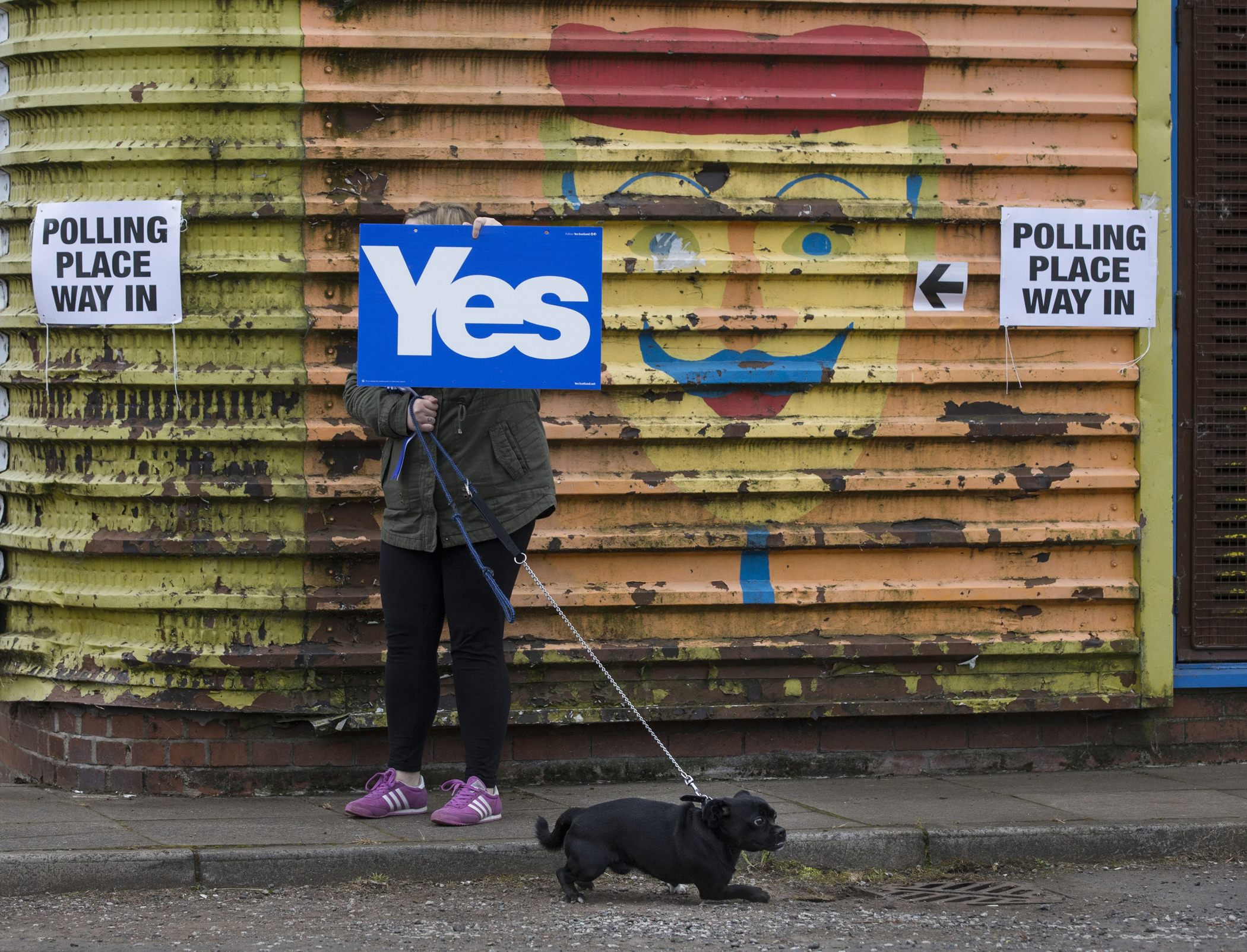 A voter, with clear voting intentions, holds up a Yes placard while heading to a local polling station to vote in the Scottish Independence Referendum at Ruchazie Community Centre, Ruchazie, Glasgow, Scotland, Sept/ 18, 2014.