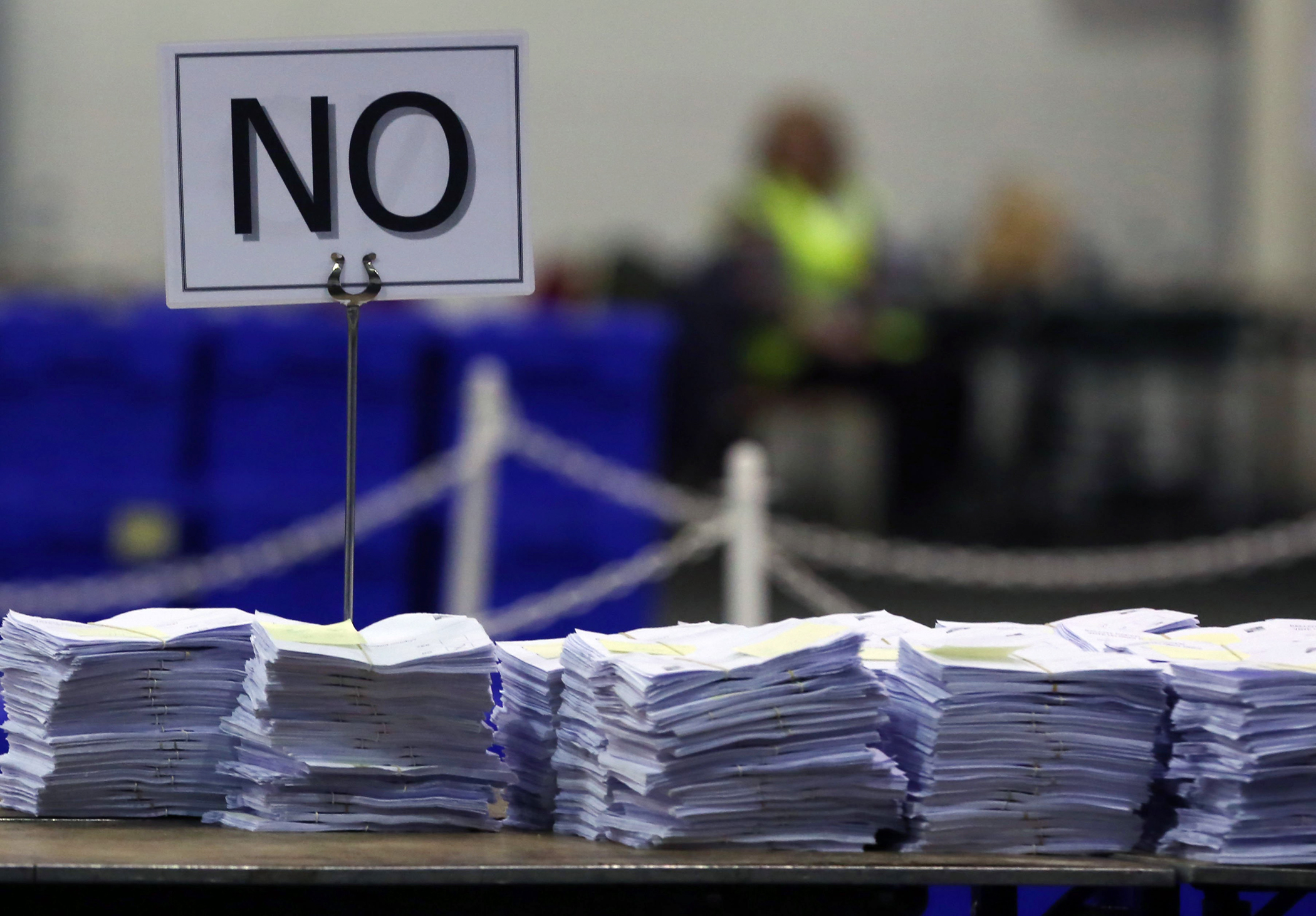 'No' ballots are stacked on a table during the Scottish independence referendum count at the Royal Highland Centre in Edinburgh, Scotland, Sept. 19, 2014.