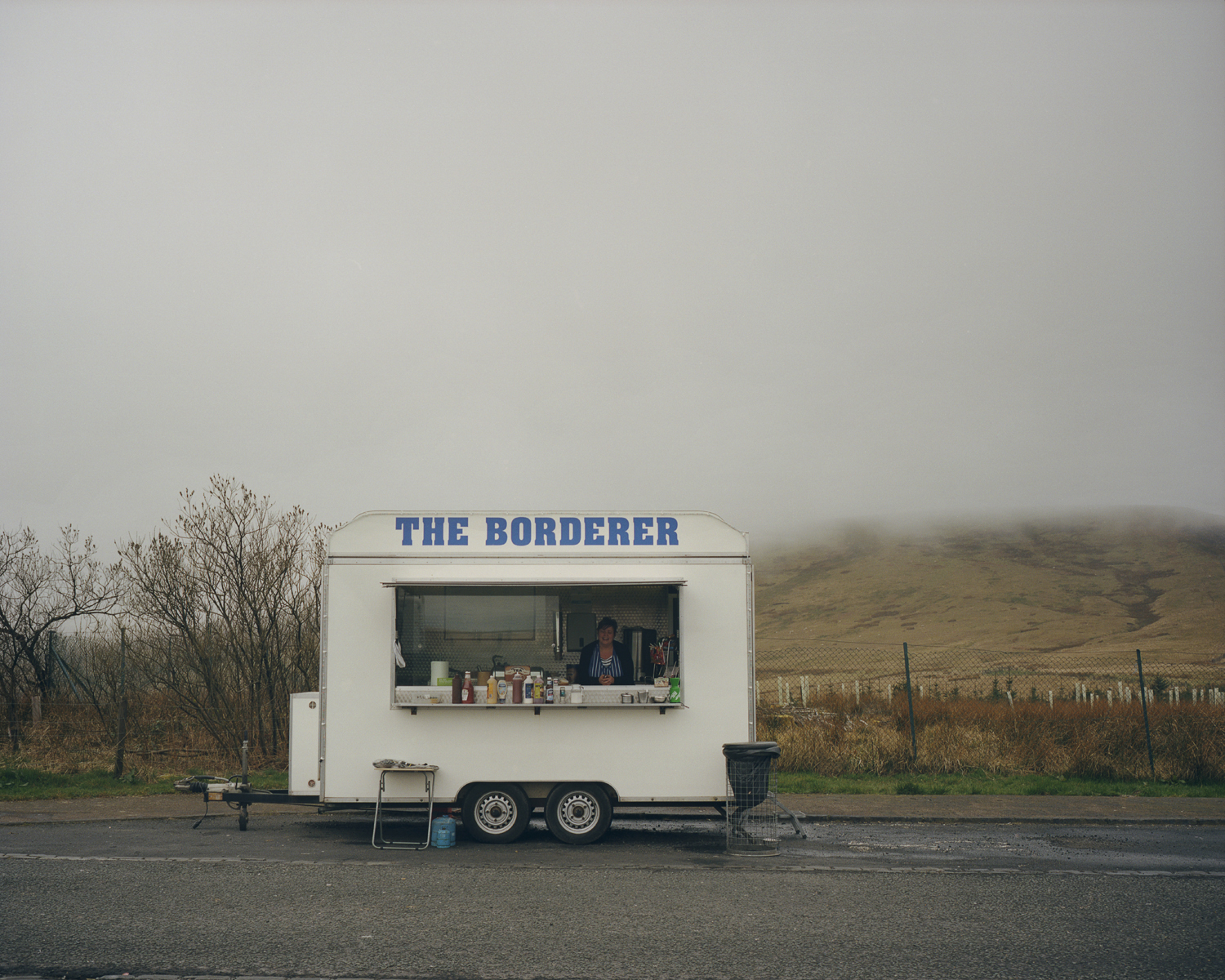 A burger van parked on A68 at Carter Bar on the English-Scottish border. Depending on the flow of traffic, the owner decides whether to park on the Scottish side or the England side of the road.