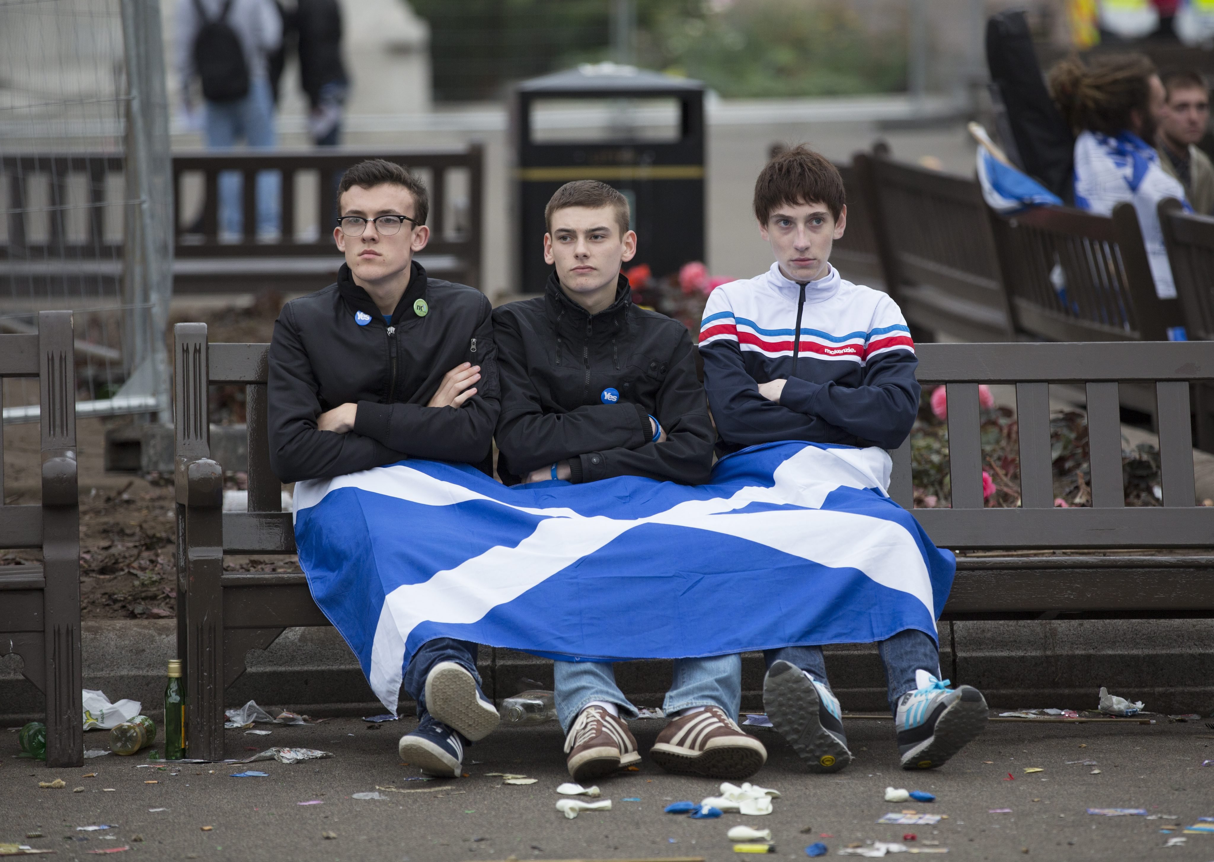 Dejected Yes supporters in Glasgow, Scotland, on Sept. 19, 2014. (Robert Perry—EPA)